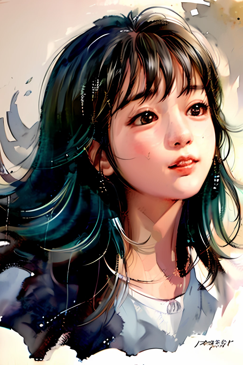 1 Chinese girl,stechu,(white backgrounid:1.4),((tachi-e)),Original,(illustratio:1.1),(best qualtiy),(tmasterpiece:1.1),(Very detailed CG unity 8k wallpaper:1.1),(a color: 1.0),(panoramicshooting:1.4),(solo person:1.2),(Splash ink),(Splash color),((aquarelle)),sharp and clear focus,{ 1girl standing },((korean style )),flower background ,Look at the viewer,Calm and calm gaze,Soft smile,chaste,noble,Beautiful delicate face and eyes,Delicate garment pattern details,brunette color hair,blackigeyes,the watercolor style,Splash ink,photorealestic,realisticlying