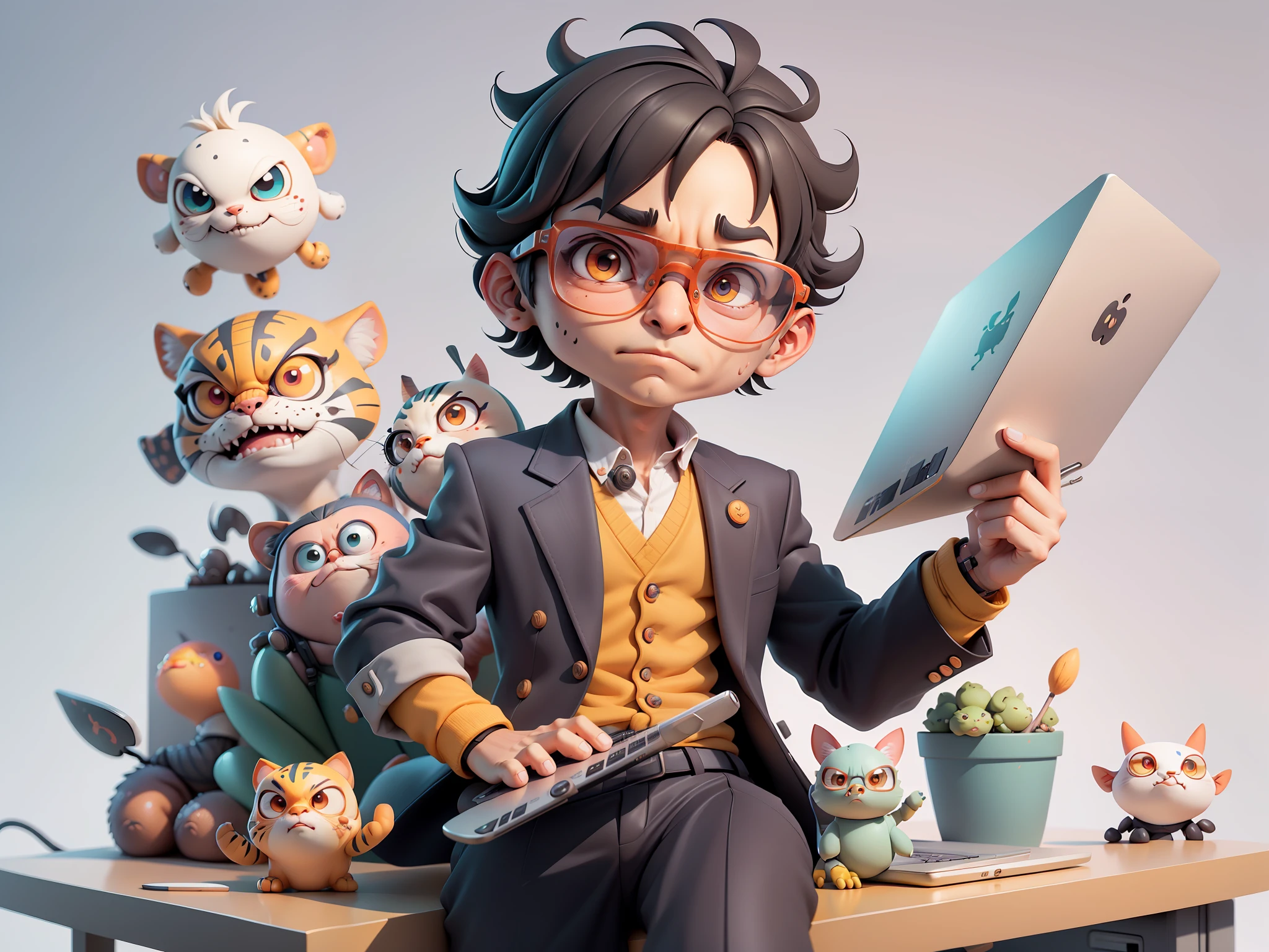 A young man in a suit, Short hair and glasses sat at his desk,holding laptop,digitial painting,tigre,3D character design by Mark Clairen and Pixar and Hayao Miyazaki and Akira Toriyama,4K HD illustration,Very detailed facial features and cartoon-style visuals。