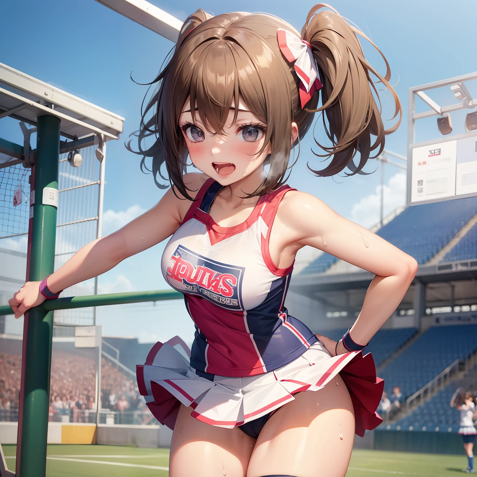 One high school girl dressed as a cheergirl、Sweating and cheering、The expression is a smile、