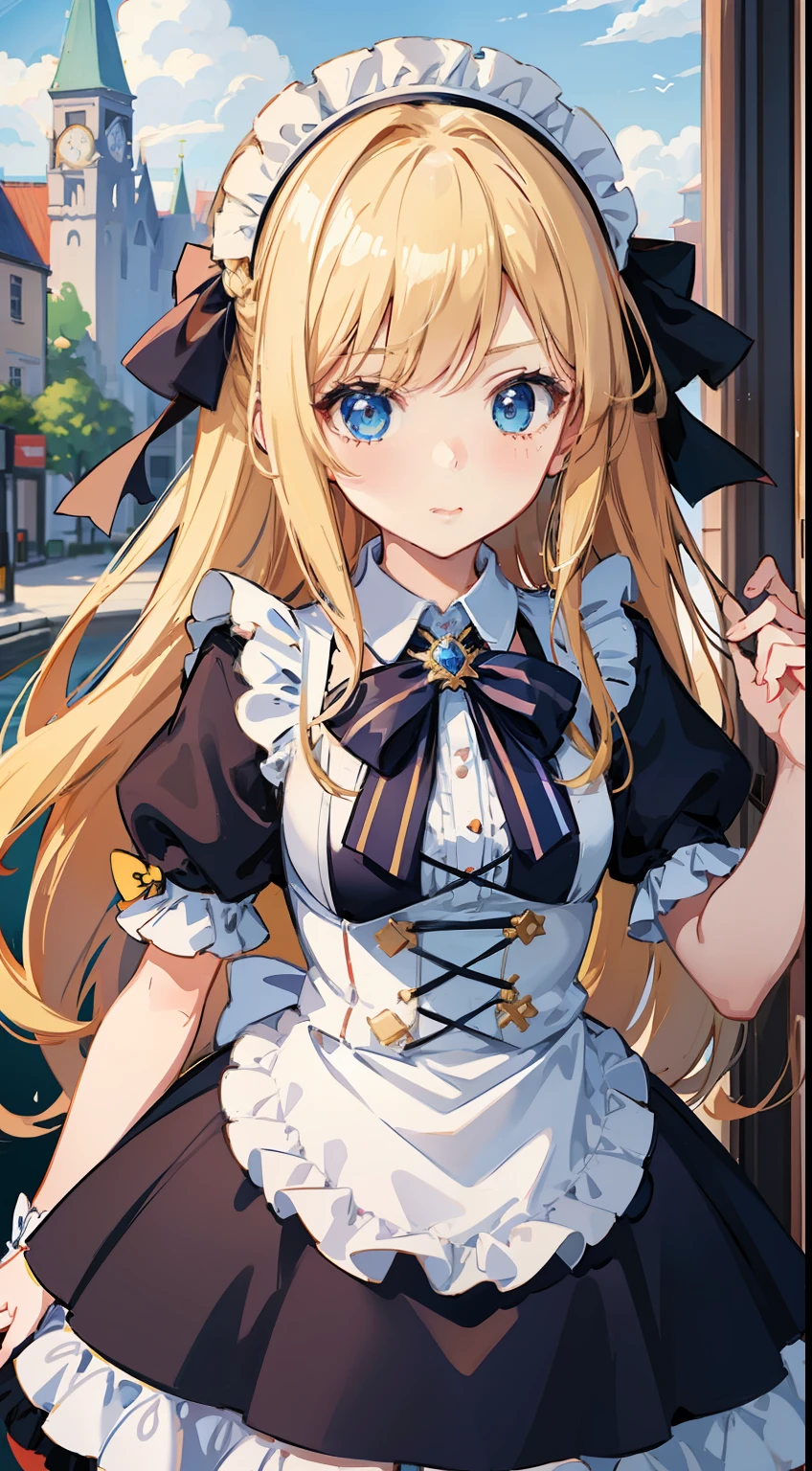 Anime girl in blue and white dress,red bow, cute anime waifu in a nice dress, loli in dress, Splash art anime Loli, Artoria Pendragon, Anime princess, pretty anime girl, Blonde anime girl with long hair, anime girl named lucy, anime girl in a maid costume, Maid outfit, Marin Kitagawa fanart, portrait of magical girl