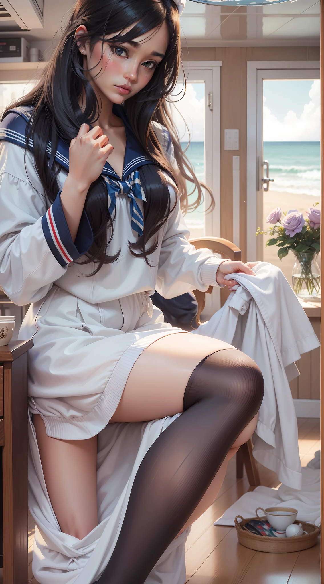 (Beautuful Women),photorealistic paintings(a sailor suit)(long whitr hair)(sockes)(Asia face)