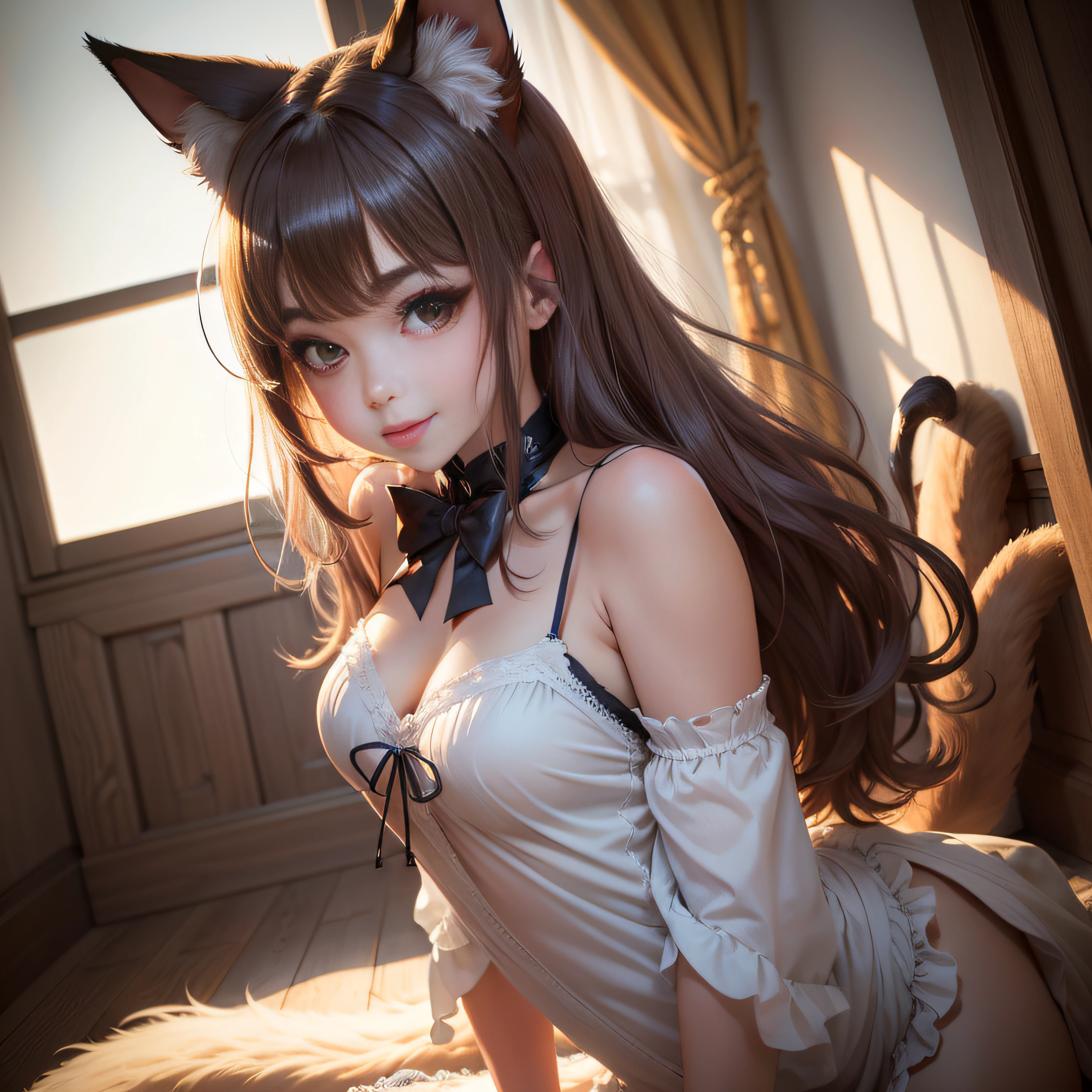 Cat-eared foxtail beauty wagging her tail,Moe,Hair and its fluffiness,The eyes are big,having fun,Facing the camera squarely,best qualityer, tmasterpiece, A high resolution, Be red in the face, (seduct smile:0.8), star-shaped bule pupils, Tyndall effect, realisticlying, edge lit, twotonelighting, (highdetailskin:1.2), 8K UHD, digital SLR camera, gentle illumination, high high quality, Volumetriclighting, Frankness, photore, A high resolution