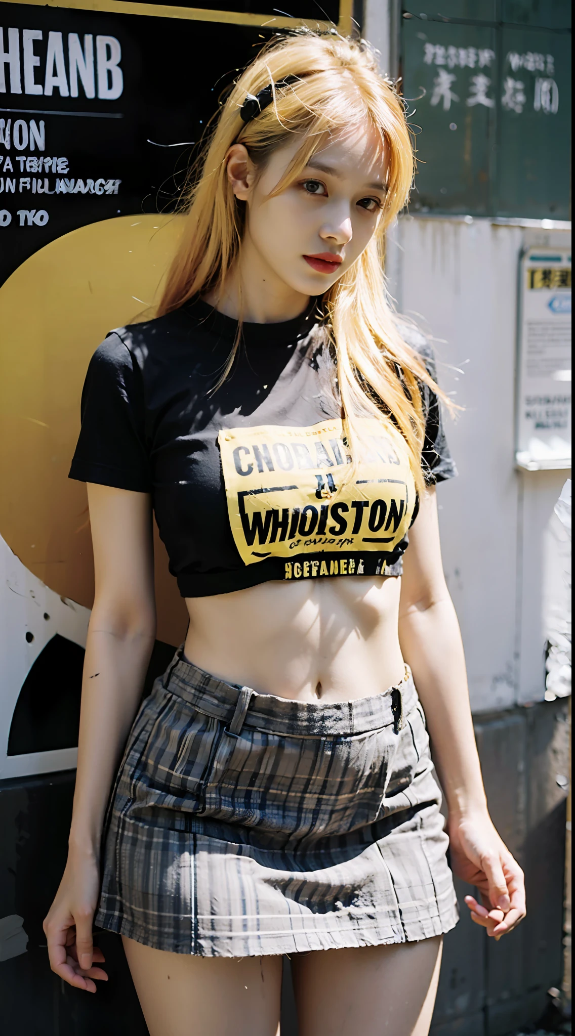 She has long light yellow hair,Wasteland punk style,Wear a yellow and white striped T-shirt,Lace skirt,Long legs,Black-gray tones,Shabby poster wall with background,tmasterpiece,Need,photorealestic,k hd,photography lighting,16k