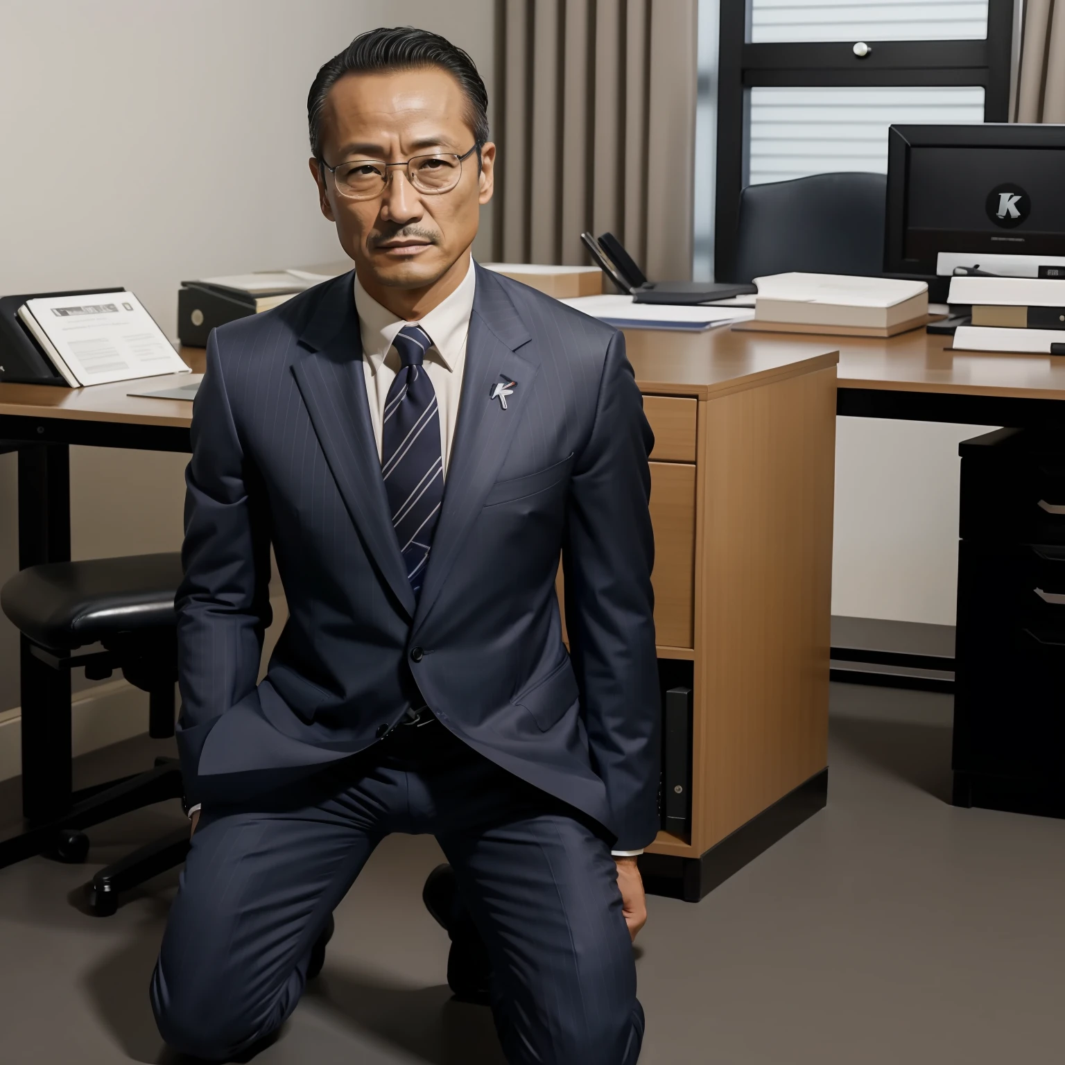 50yearsold，Hidetoshi Nakata，（Kogoro Mouri 1.3），Shirtless，Tong，Bulge，office room，black long socks，Thin，musculature，lbeard，fortitude，artwork of a，tmasterpiece，k hd，ssmile，tightsuit，Business suit，Kneeling，two guys