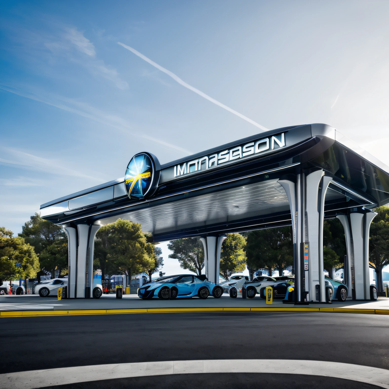 ((Masterpiece, Best quality)), 8K,gasstation，Canopy，pillar，morden style, Technologie，Simple，Contrast，The color is bright，Space elements，epcot，photographrealistic, hyperedetailed photo, Clean skies, Lots of cars，lots of people，The atmosphere is lively，城市, cyber punk perssonage