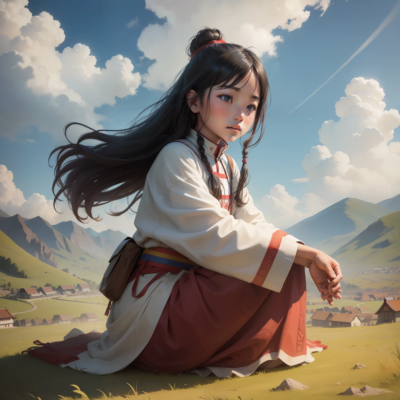 Tibetan girl in the grassland，yak，Blue sky and white clouds as background。Realisticstyle