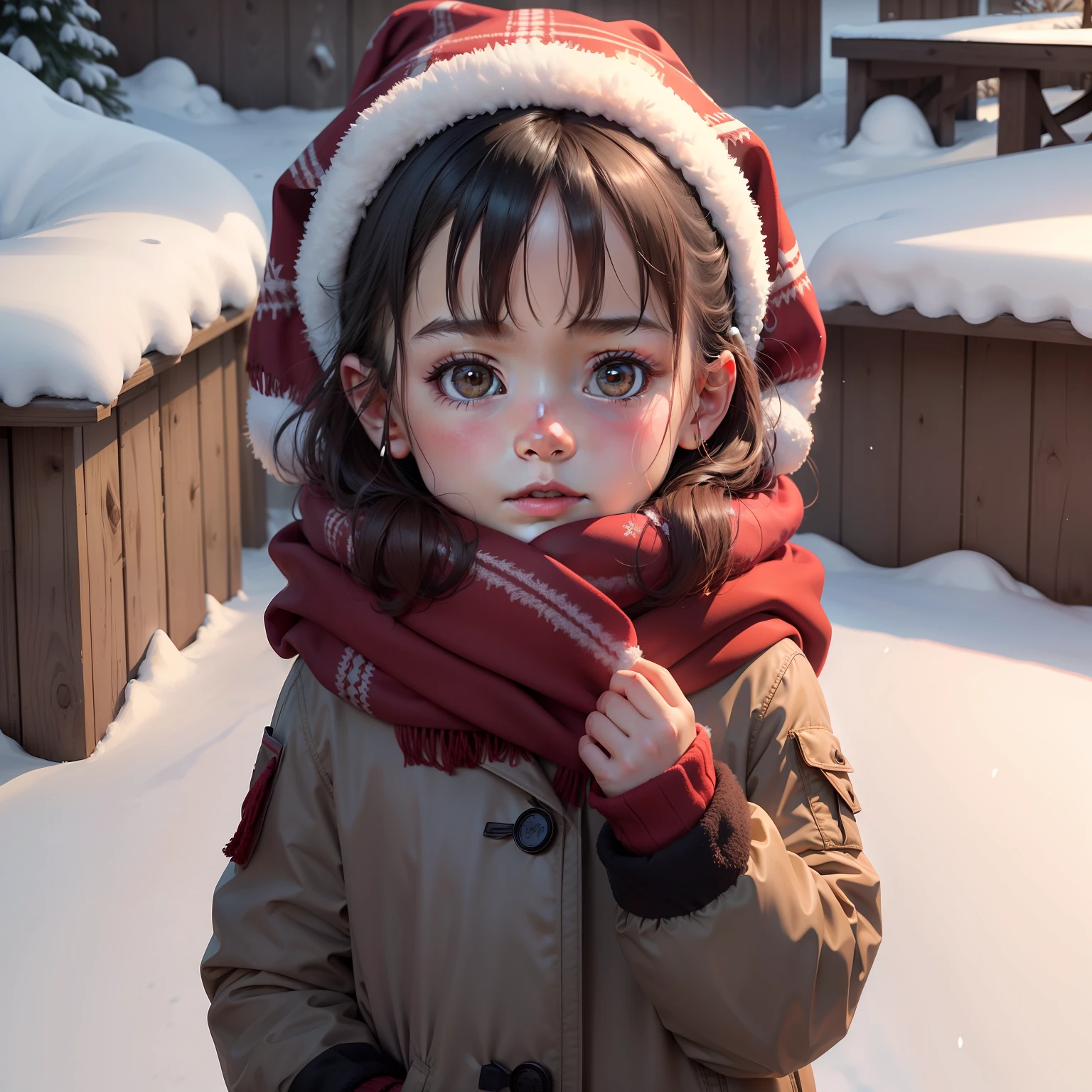(Best quality),(HD8K),(Realistic),Children in the snow,Adorable,Red scarf,Blush,Kaihuai(Masterpieces)
