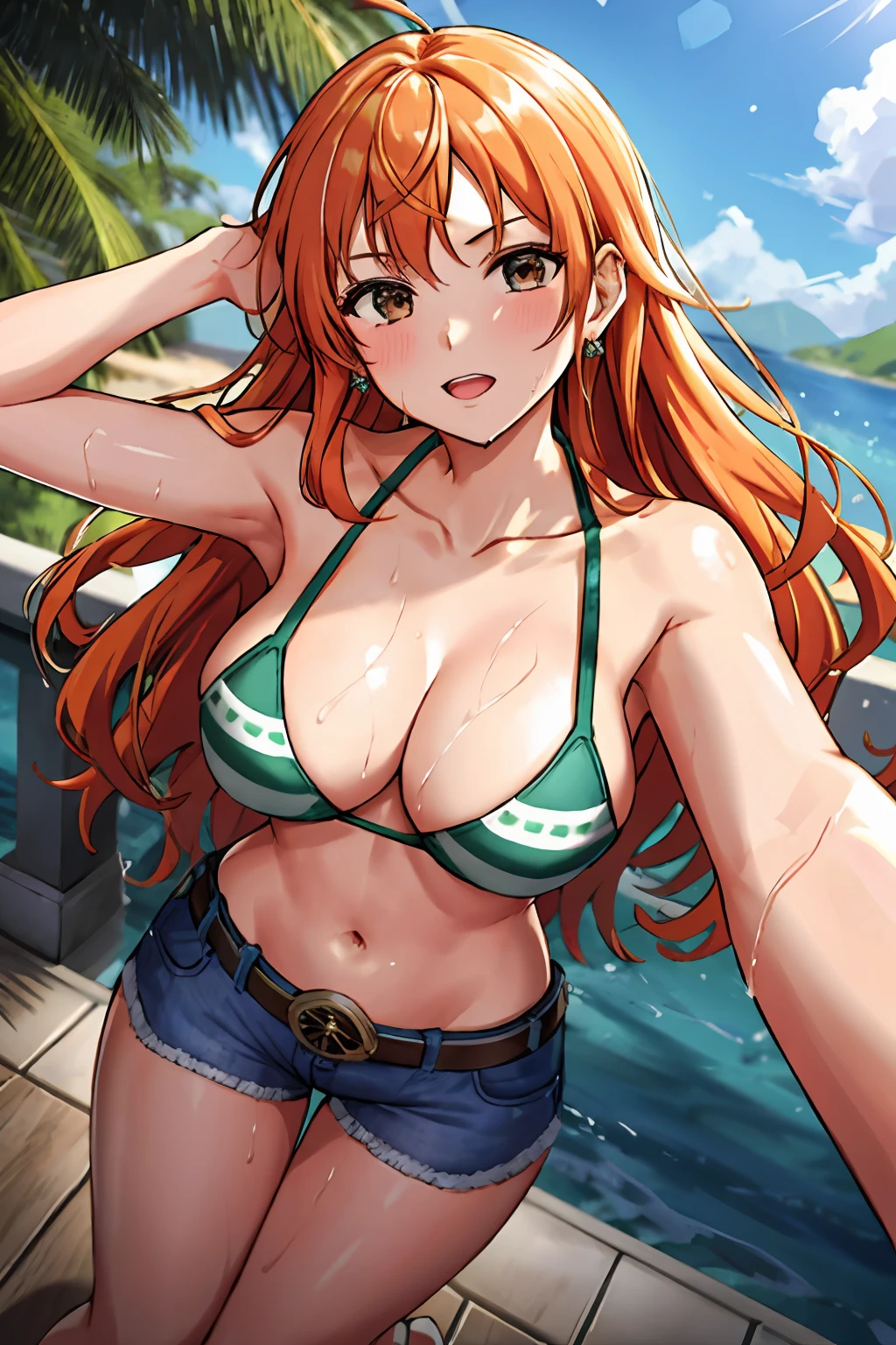 detailed background, masterpiece, 4k, best quality, late youth, adult, wrestler body, 1girl, active, energic, uppercut, (large mouth) , solo, nami \(one piece\), 1girl, bangle, (very wet, drenched in sweat, sweat all over body, very wet hair, tired, taking breath, open mouth, hand on stomach, sweaty face, sweaty body, panting, sweating too much, shiny sweat, sweat stains, leaning forward, tilting, hands on knees, waving good bye), perfect detailed face, bold drawing lines, muscular arms, detailed bold arm lines, flat jaw, adult woman, wavy wide streaked bangs, floating bang streaks, (big cheeks), bare shoulders, off-shoulders, belt, bikini, bikini top only, blue sky, bracelet, springy breasts, breast lines, big round eyes, plain big brown shiny eyes, bubbles, high eye position, cleavage, cloud, day, denim, earrings, floating hair, shiny hair, green belt, green bikini, bold groin lines, jeans, jewelry, large breasts, log pose, long hair, looking at viewer, navel, wet hair, orange hair, pants, shoulder tattoo, sidelocks, sky, solo, standing, stomach, swimsuit, tattoo , looking at viewer, open mouth, detailed left arm, big forehead, hourglass figure, small head, toned body, wide hair, wind effect, sun effect, under the sun, narrow small ears angle, older, random poses,