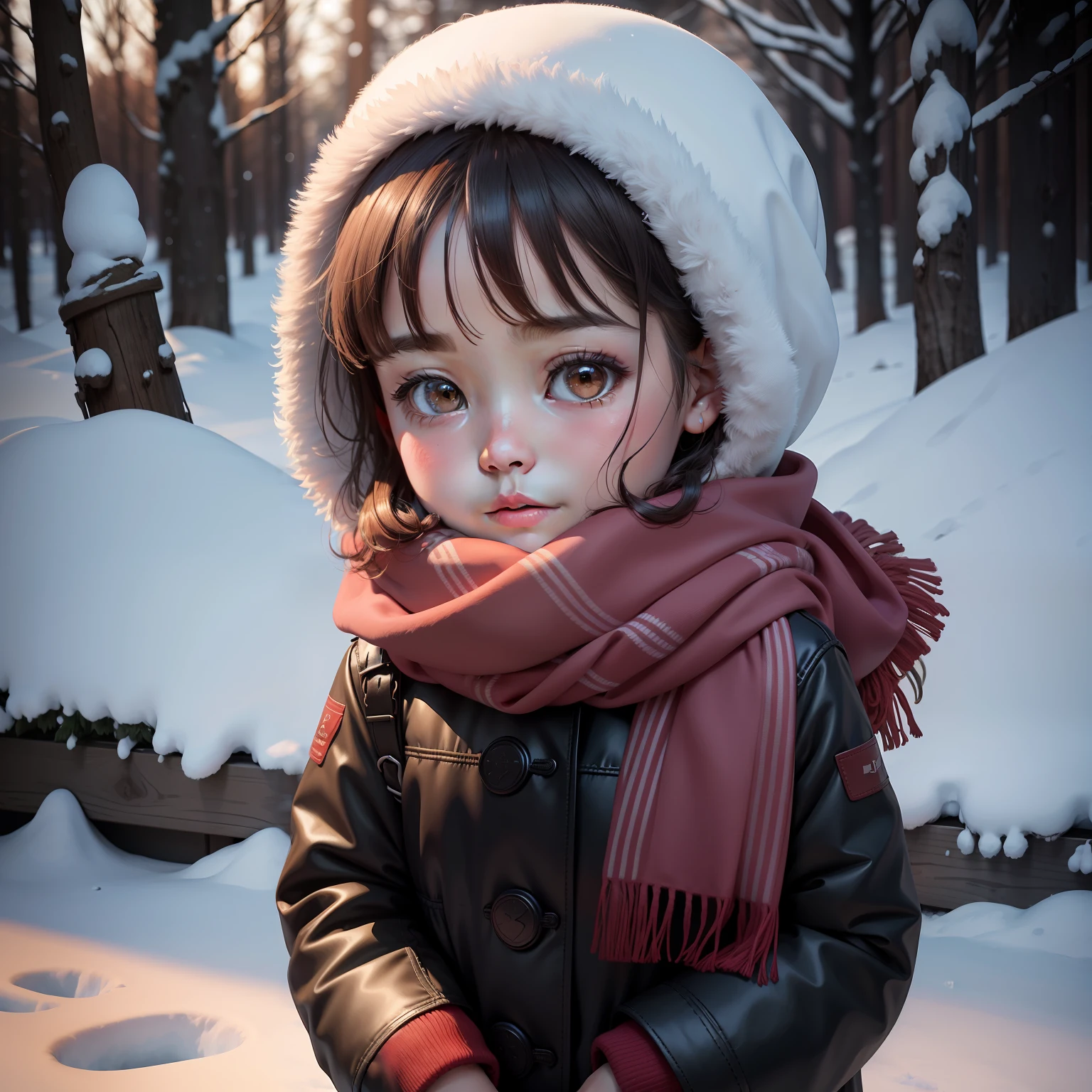 (Best quality),(HD8K),(Realistic),Children in the snow,Adorable,Red scarf,Blush,Kaihuai(Masterpieces)