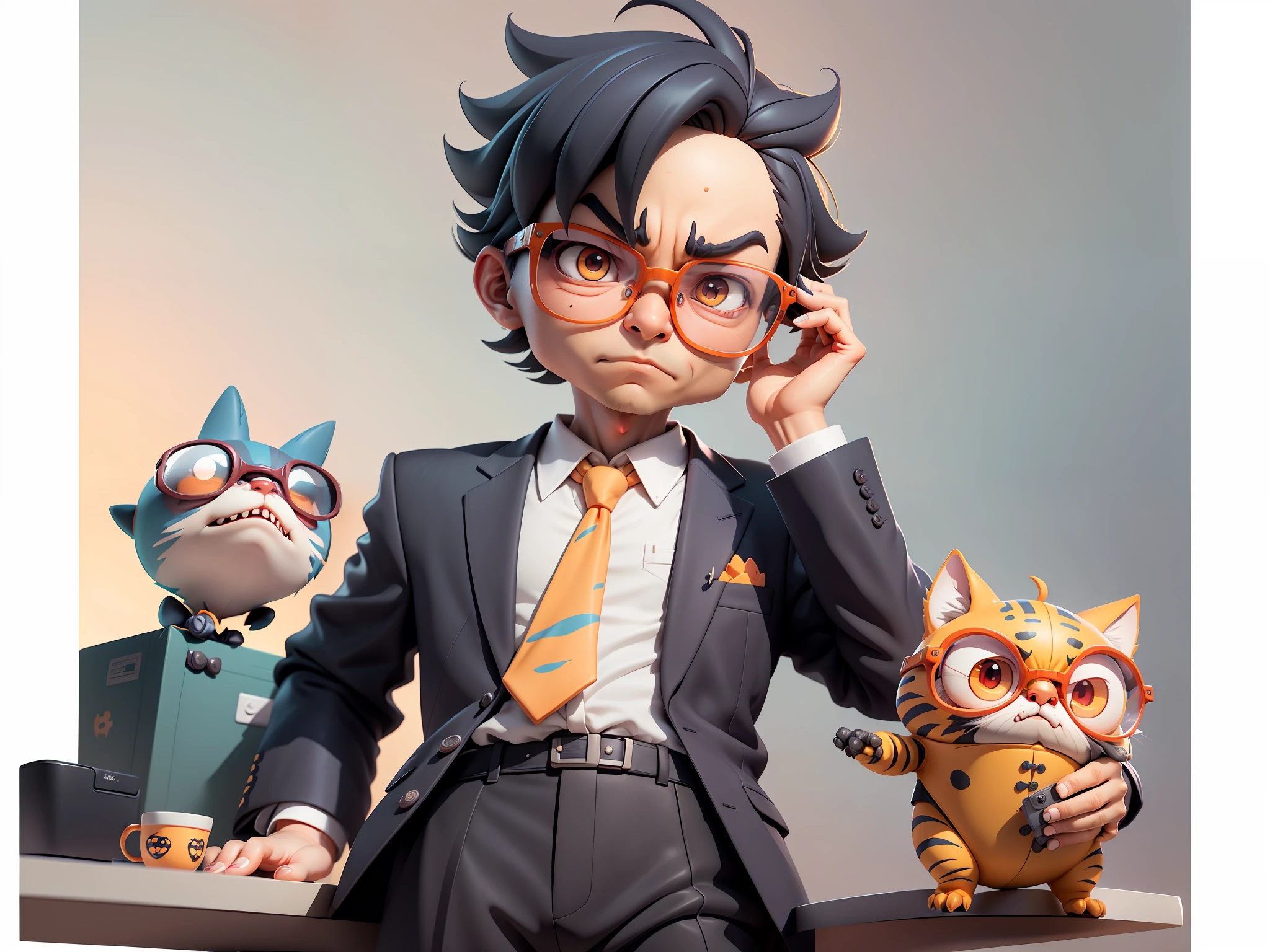A young man in a suit, Short hair and glasses sat at his desk,holding laptop,digitial painting,tigre,3D character design by Mark Clairen and Pixar and Hayao Miyazaki and Akira Toriyama,4K HD illustration,Very detailed facial features and cartoon-style visuals。