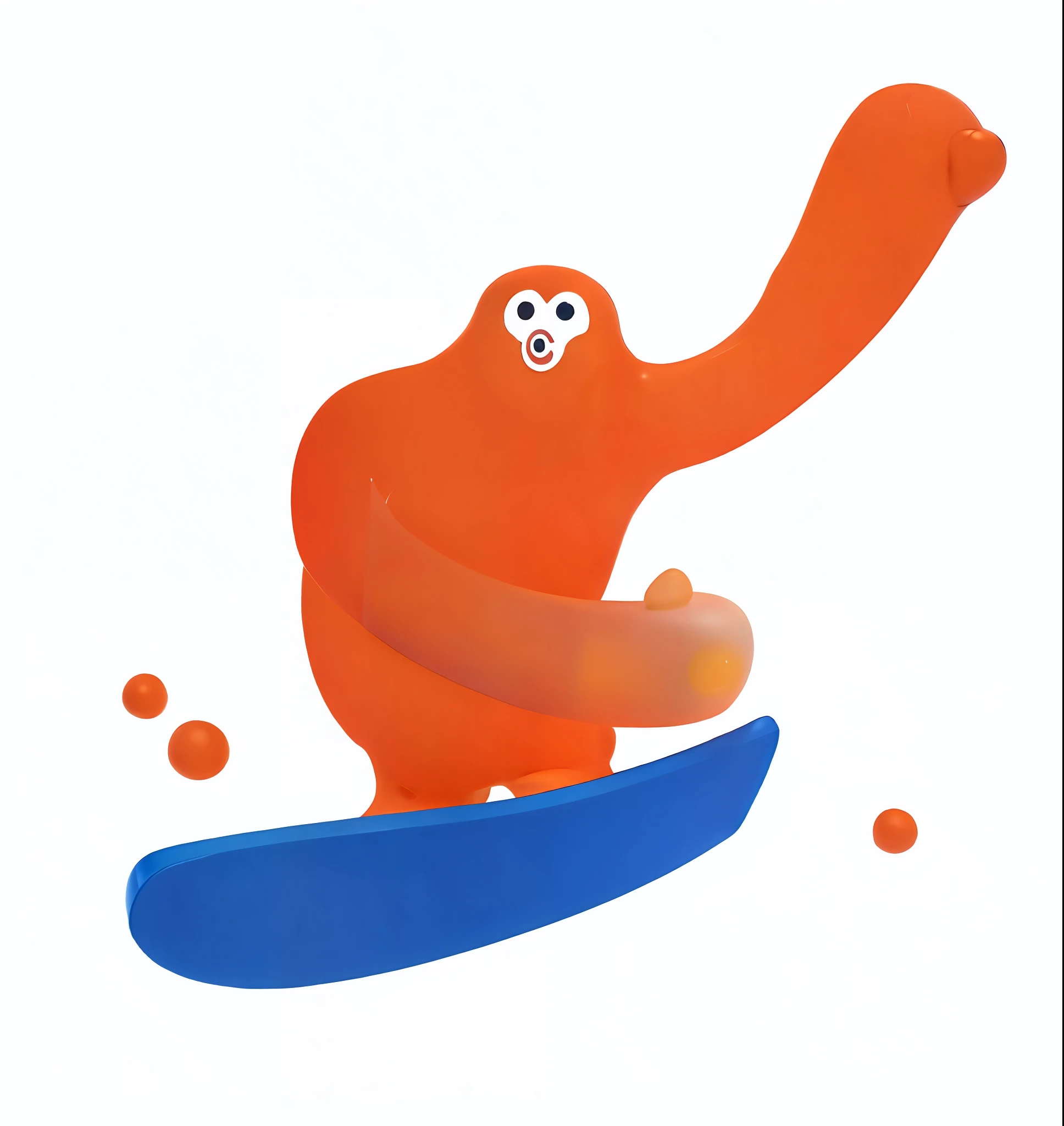Orange funny gibbon mascot IP,Small black eyes,Fish-shaped mouth,Play blue skateboarding,Spit bubbles into your mouth,The gibbon mascot is orange all over,Non-human characters,