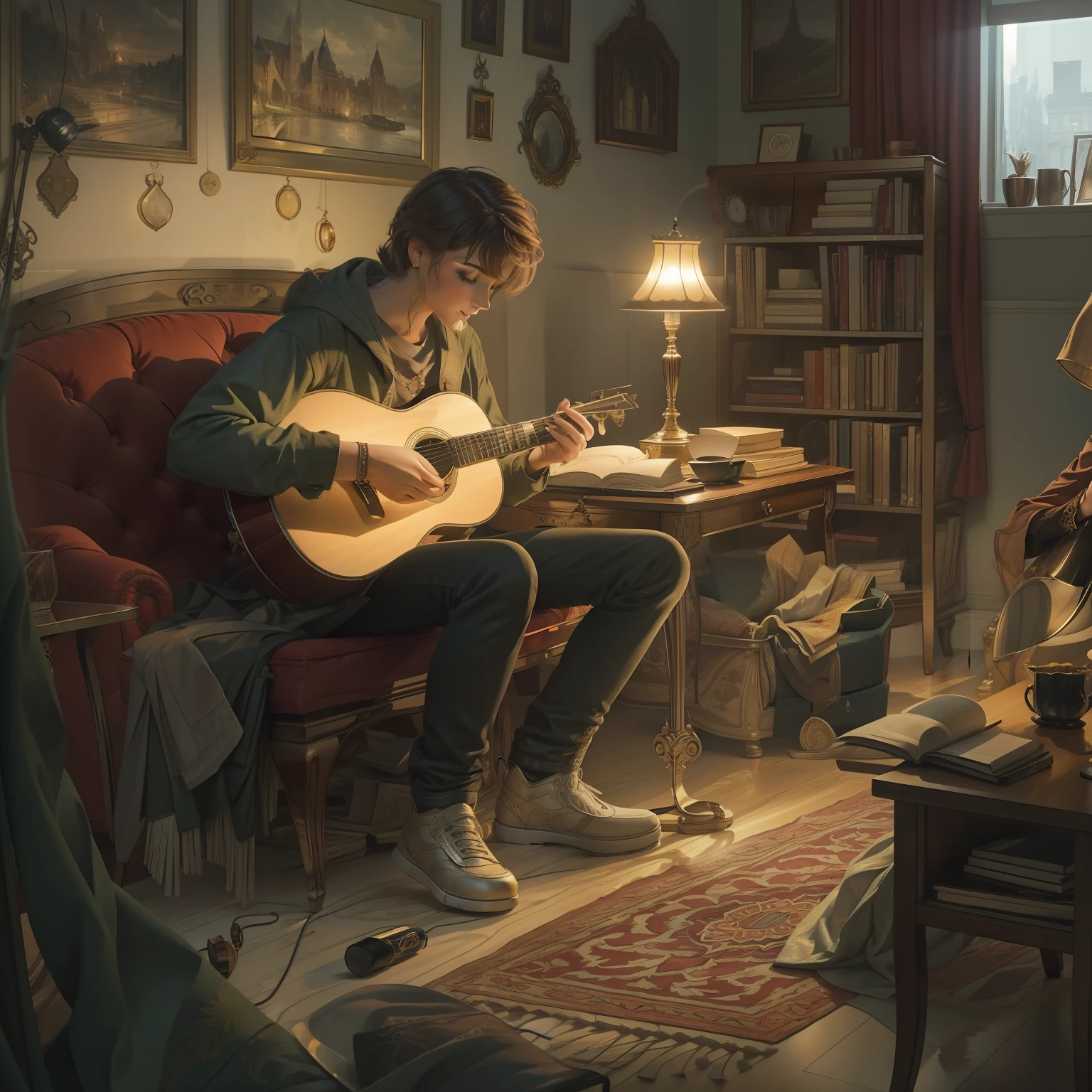 The quality is fine, Beautifully lit, Detailed model, Static composition, a table, table lamp, warm light, eye shadow, reflections, Colours, Smooth texture