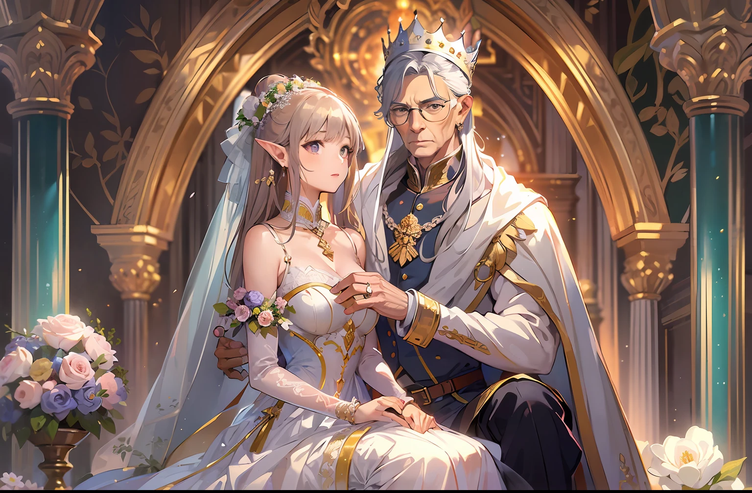 charming (human:1.5 (old man king:1.25)) groom, with human small ears, (1girl), elegant young elf girl bride with (flower wreath on head), (1man), perfect face, detailed eyes, anatomical correct hands, five fingers, anatomical correct fingers and hands, perfect hands, sitting on a luxurious chair in a beautifully decorated room with flowing curtains, fantasy castle background, royal elegant pose, highly detailed exquisite fanart, anime key visual of elegant, wlop and sakimichan, detailed fanart, royal portrait, queen and ruler of the universe, high quality fanart, in their noble mansion, an elegant couple