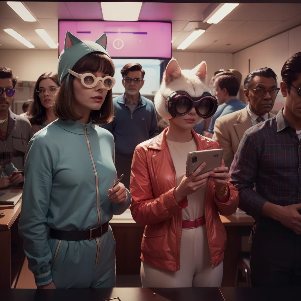 4k image from a 1960s science fiction film, Imagem do filme de Wes Anderson, pastels colors, Students in cat masks and a woman with alien glasses are wearing retro-futuristic fashion clothes and futuristic technological ornaments and devices at school, Luz Natural, cinemactic, Psicodelia, retro-futurista,