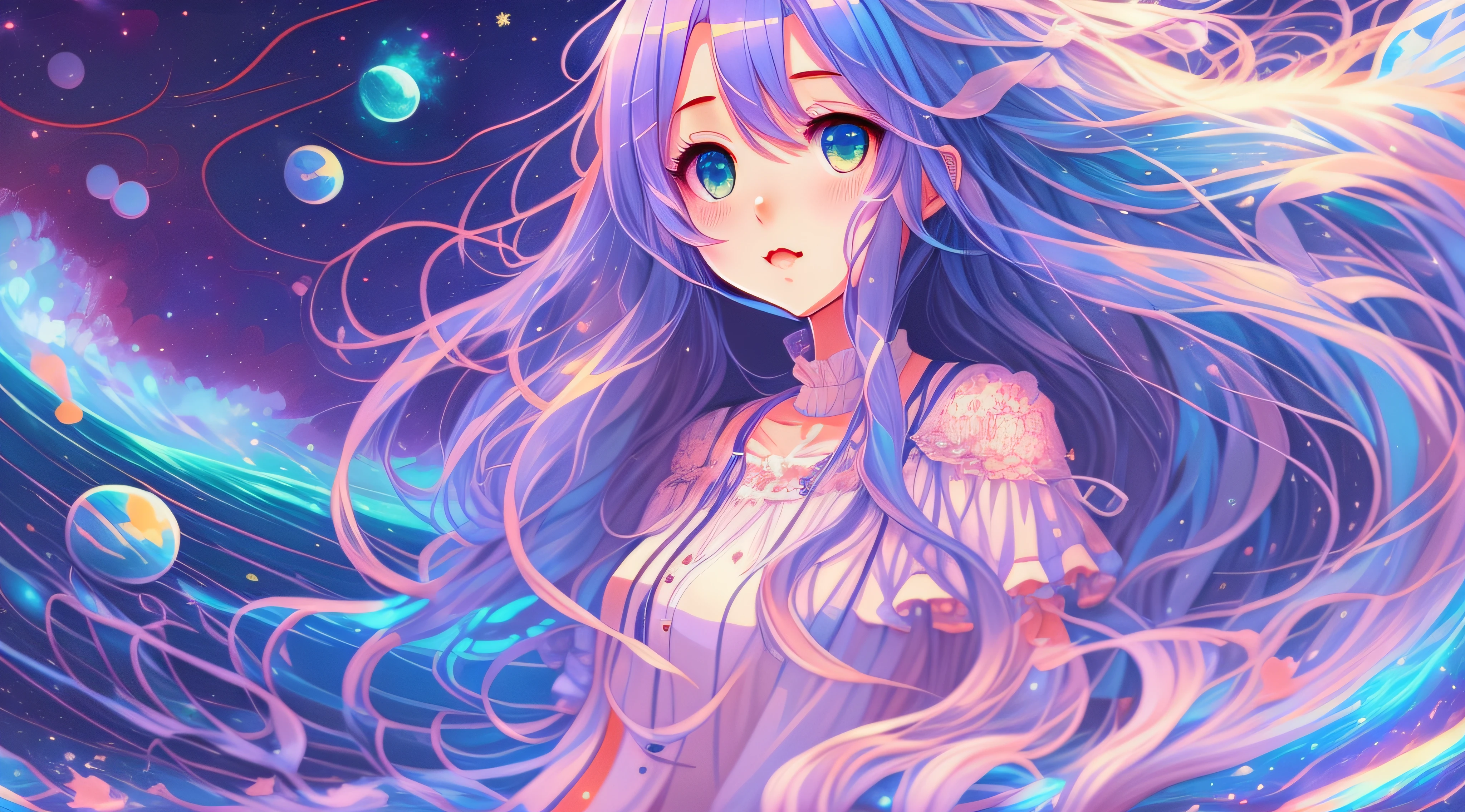 Anime girl with long hair and blue eyes in waves, anime girl with cosmic hair, Digital art on Pixiv, A beautiful artwork illustration, Cute detailed digital art, Beautiful anime artwork, Anime fantasy illustration, Detailed digital anime art, Soft anime illustration, pixiv contest winner, Loish et WLOP, Beautiful anime art, beautiful anime art style