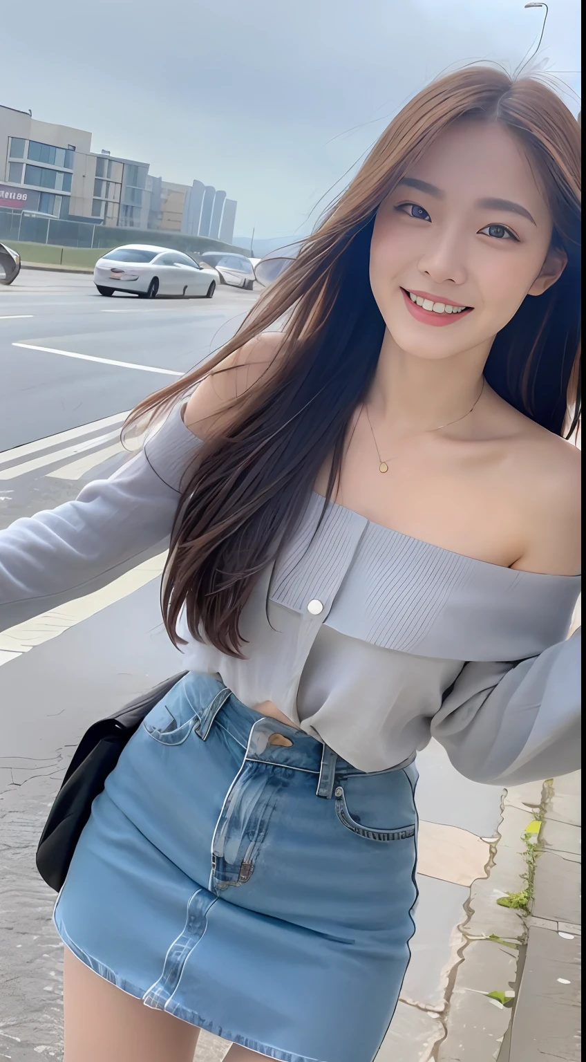 ((Best Quality, 8k, Masterpiece: 1.3)), Focus: 1.2, Perfect Body Beauty: 1.4, Buttocks: 1.2, ((Long Hair)), (Wet Clothes: 1.1) , (Rain, Street:1.3), Off-the-Shoulder Miniskirt: 1.1, Highly detailed face and skin texture, Fine eyes, Double eyelids, Whitened skin, Smile, seaside