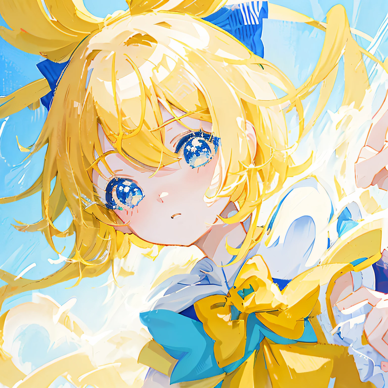 Anime girl with blonde hair and blue dress with yellow bow, Anime moe art style, Splash art anime Loli, zerochan art, Anime style portrait, style of anime4 K, Cute anime girl portrait, anime visual of a cute girl, , cute anime girl portraits, Loli, High quality anime art style, portrait anime girl, , Anime art style