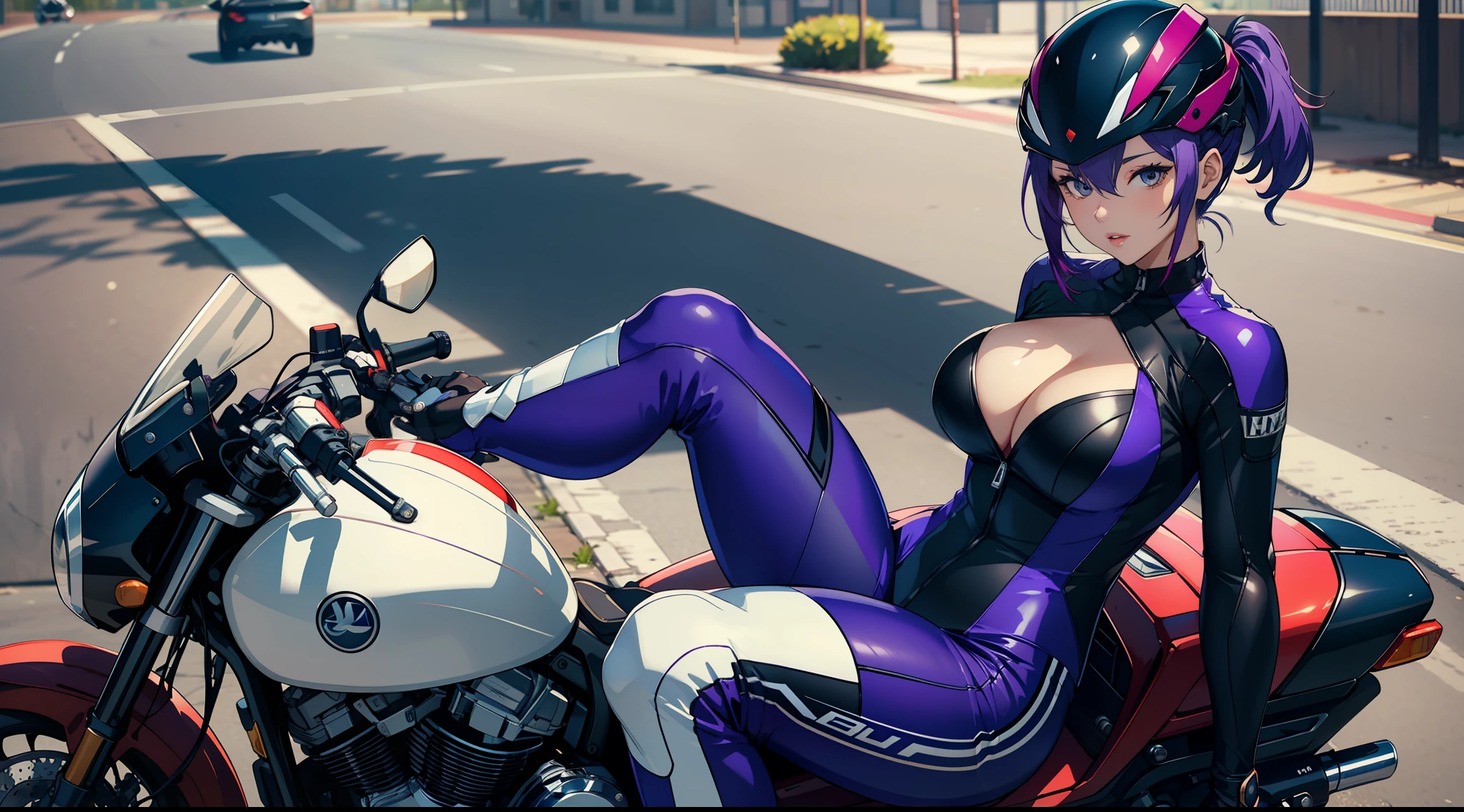 a motorcycle,a helmet,tightsuit,woman,Bigchest,Raised sexy,Purple colored hair,sitting on the motorcycle