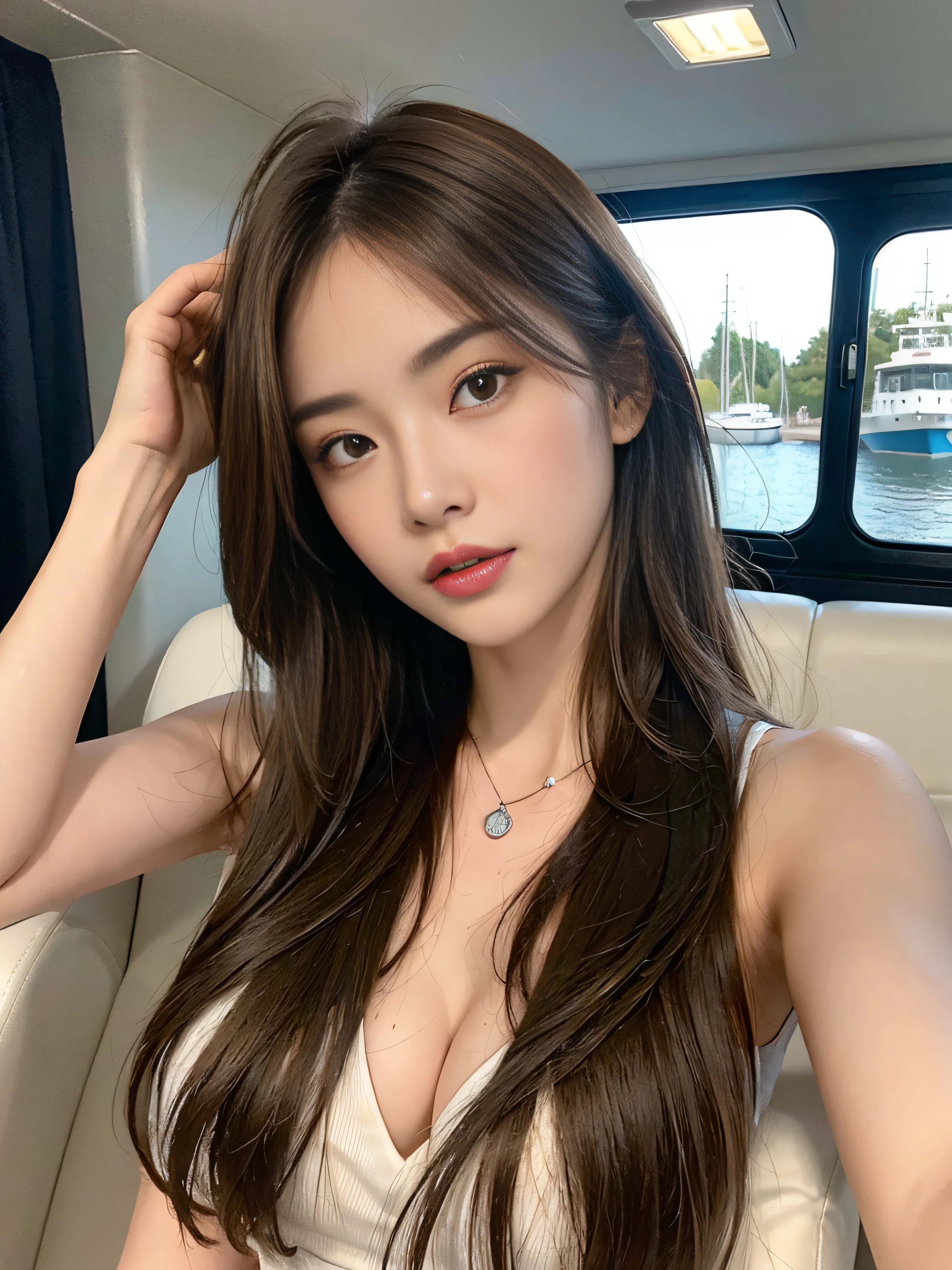 ((Realistic lighting、top-quality、8K、masterpiece:1.3))、Clear focus:1.2、nudde:1.3、1girl in、perfectbodybeauty:1.4、Slim abs:1.1、dark-brown eyes、((dark brown hair、middlebreasts:1.2))、(Acceleration:1.4)、Slender face、On the boat、laying on back、lying back、Open your legs、Looking at the camera、(24 year old:1.3)、hyperdetailed face、A detailed eye、二重まぶた、a necklace、