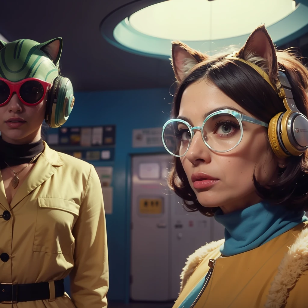 4k image from a 1960s science fiction film, Imagem do filme de Wes Anderson, pastels colors, Students in cat masks and a woman with alien glasses are wearing retro-futuristic fashion clothes and futuristic technological ornaments and devices at school, Luz Natural, cinemactic, Psicodelia, retro-futurista,