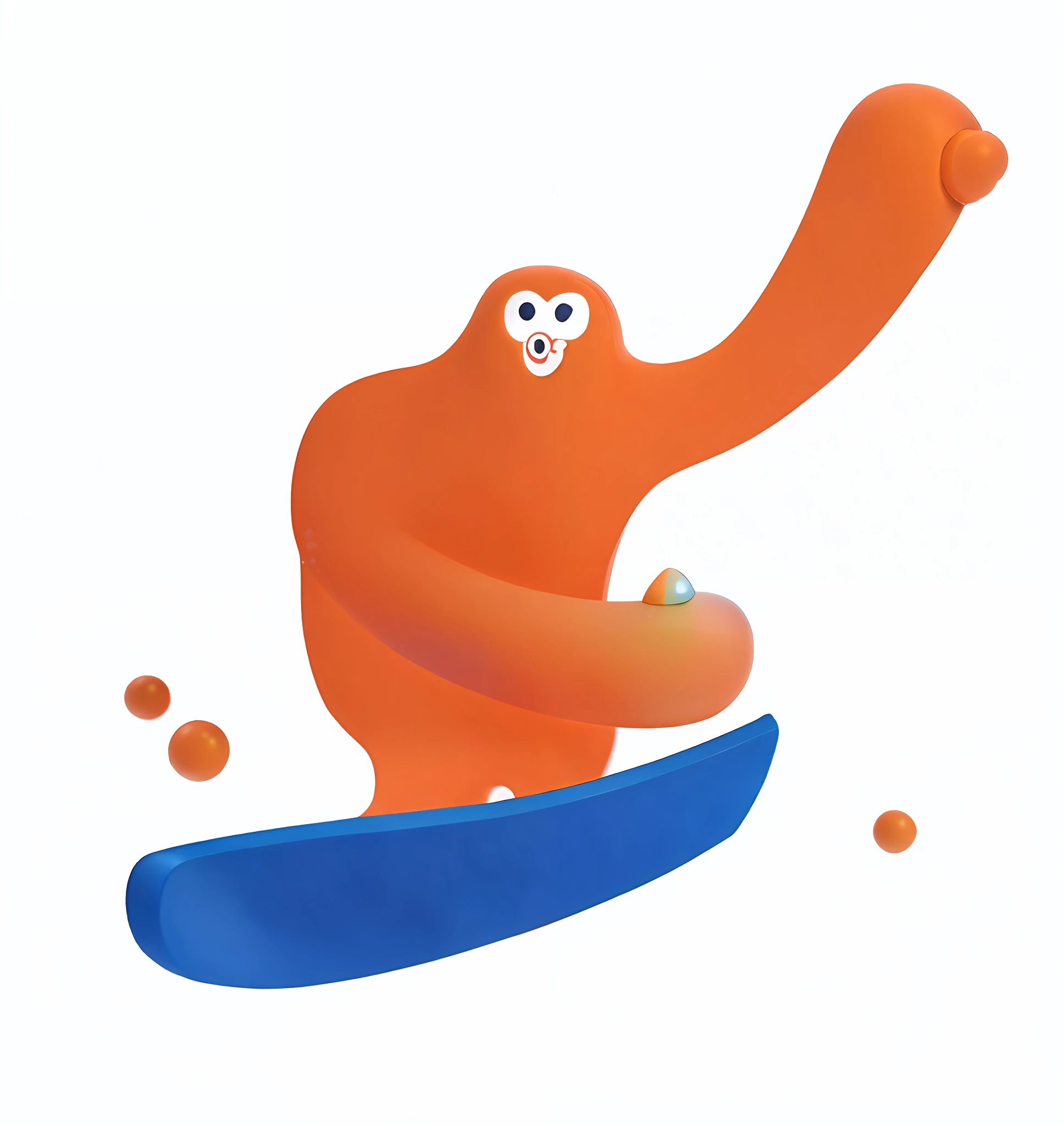 Orange funny gibbon mascot IP，Small black eyes，Fish-shaped mouth，Play blue skateboarding，Spit bubbles into your mouth，The gibbon mascot is orange all over，Non-human characters，