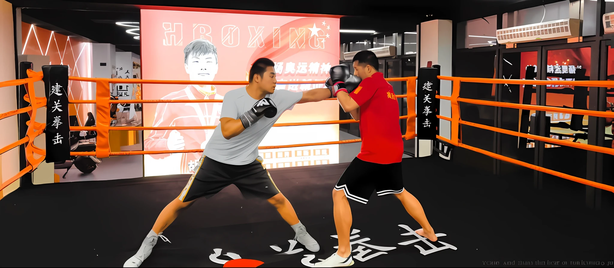 There are two men in the ring practicing their moves, ruxing gao, Sparring, boxing, Boxing pose, Ruan Jia and Fenghua Zhong, hand to hand combat, punching, Fighting posture, Fighting, in a boxing ring, boxing match, Kickboxing, Fight, inspired by Li Shixing, Boxing ring, yiqiang and shurakrgt