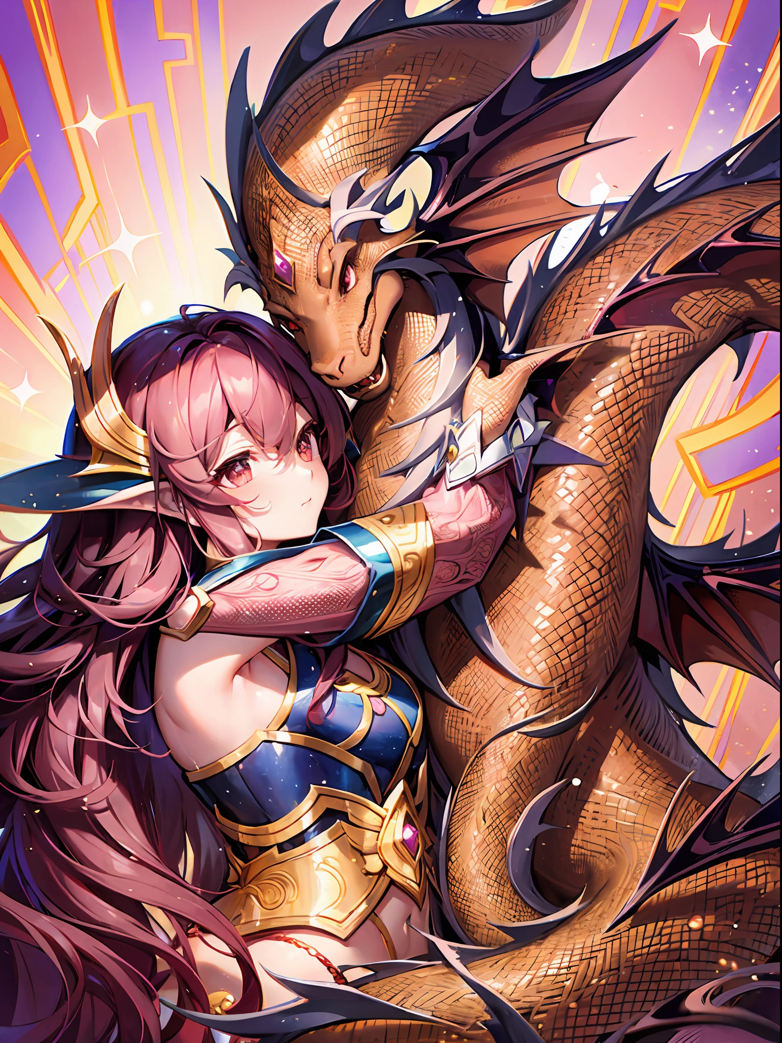 (Men's dragon Human is Brown skin with long black hair and golden eyes, small dragon wings on her back). AND (Princess is pink long wavy hair), The dragon rubs cheek to cheek with the princess.