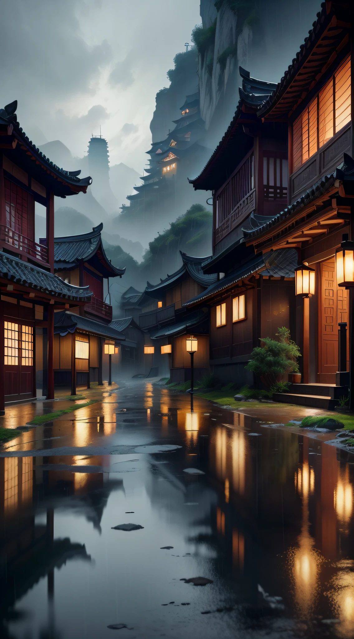 Arafed view of a village,the night,Lights of all homes,dreamy Chinese towns,Chinese Village,amazing wallpapers,surreal photo of a small town,old asian village,Raymond Han,rainy evening, Cyberpunk ancient Chinese castle, Well-lit building, In the evening in the rain, Beautiful and aesthetic, photography of, cinematic ligh, 8k, high detal ((very heavy rain)))