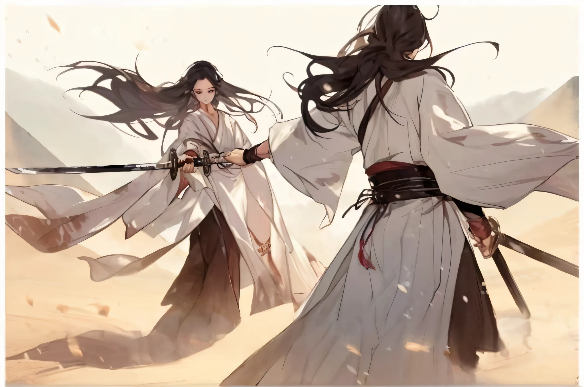 Two women in white robes holding swords in the desert, flowing hair and long robes, flowing white robe, full-body wuxia, Flowing robes, wearing a long flowing robe, White Hanfu, Wuxia, Guviz-style artwork, by Yang J, flowing white robe, dramatic duel of the fates, Beautiful character painting, Guviz