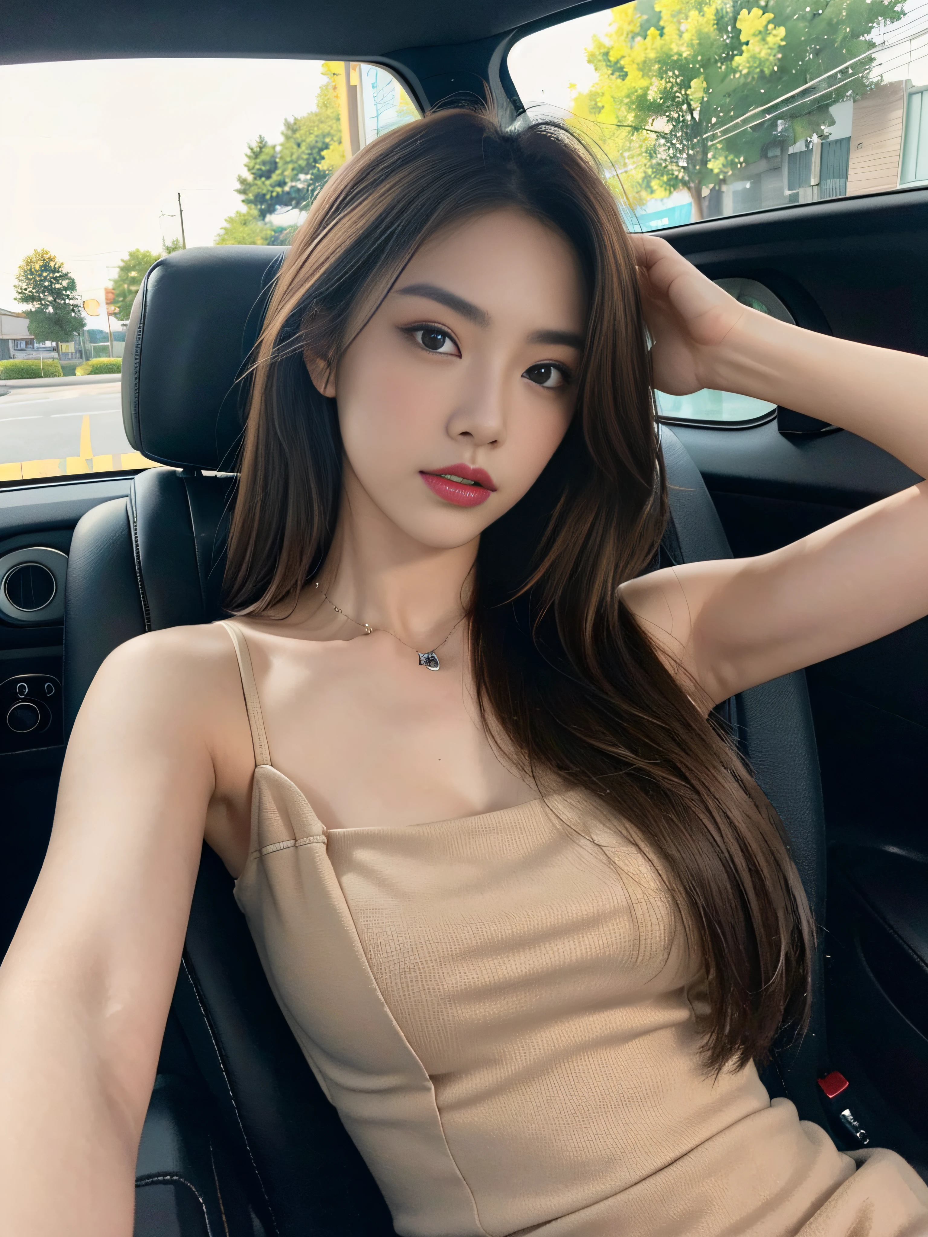 ((Realistic lighting、top-quality、8K、masterpiece:1.3))、Clear focus:1.2、nudde:1.3、1girl in、perfectbodybeauty:1.4、Slim abs:1.1、dark-brown eyes、((dark brown hair、middlebreasts:1.2))、(Acceleration:1.4)、Slender face、In the car、laying on back、lying back、Open your legs、Looking at the camera、(24 year old:1.3)、hyperdetailed face、A detailed eye、二重まぶた、a necklace、
