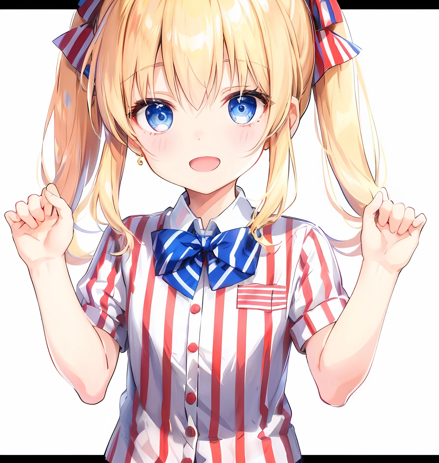 Gold short double ponytail,eBlue eyes,striped clothes,Open your mouth and laugh