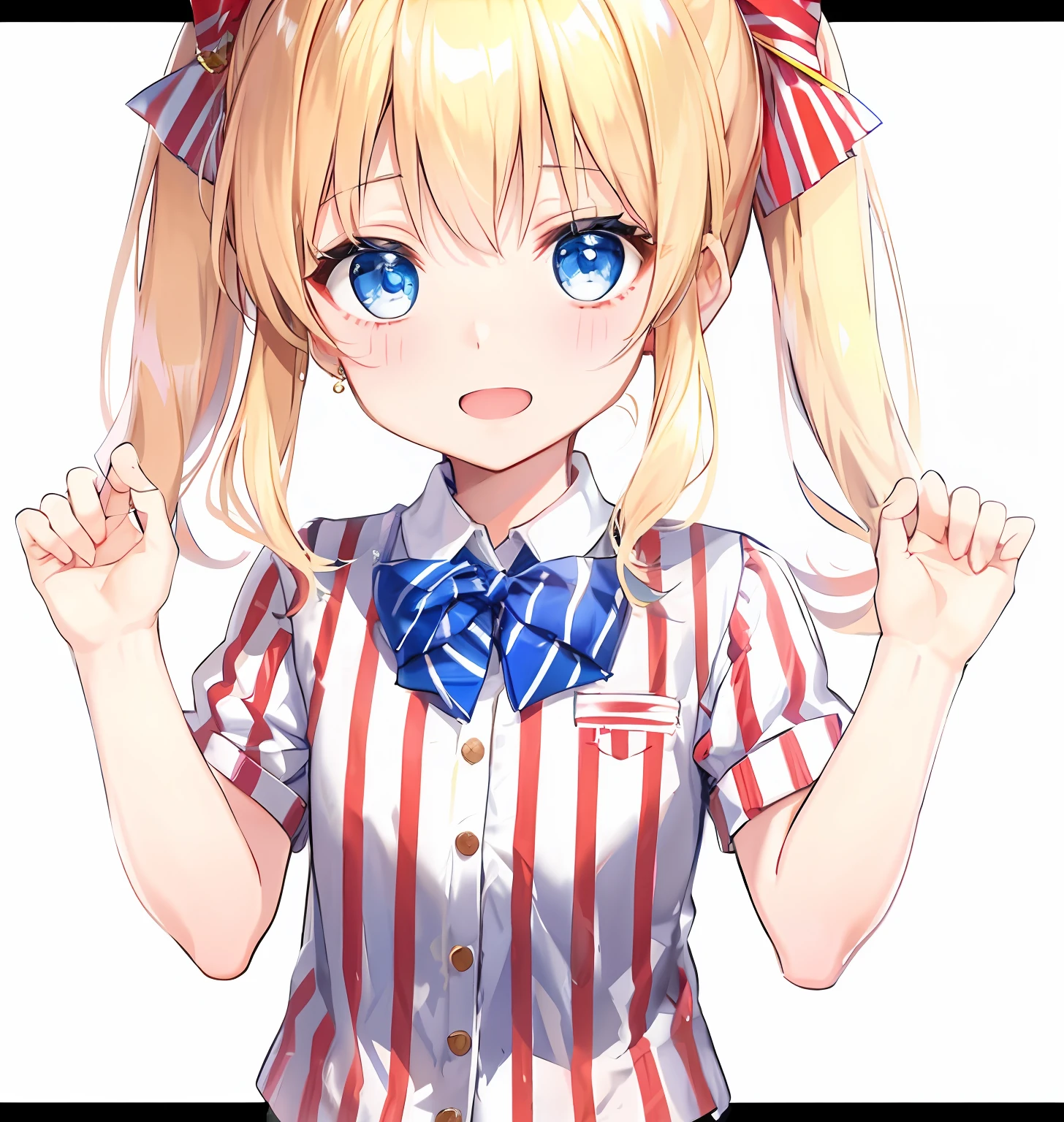 Gold short double ponytail,eBlue eyes,striped clothes,Open your mouth and laugh