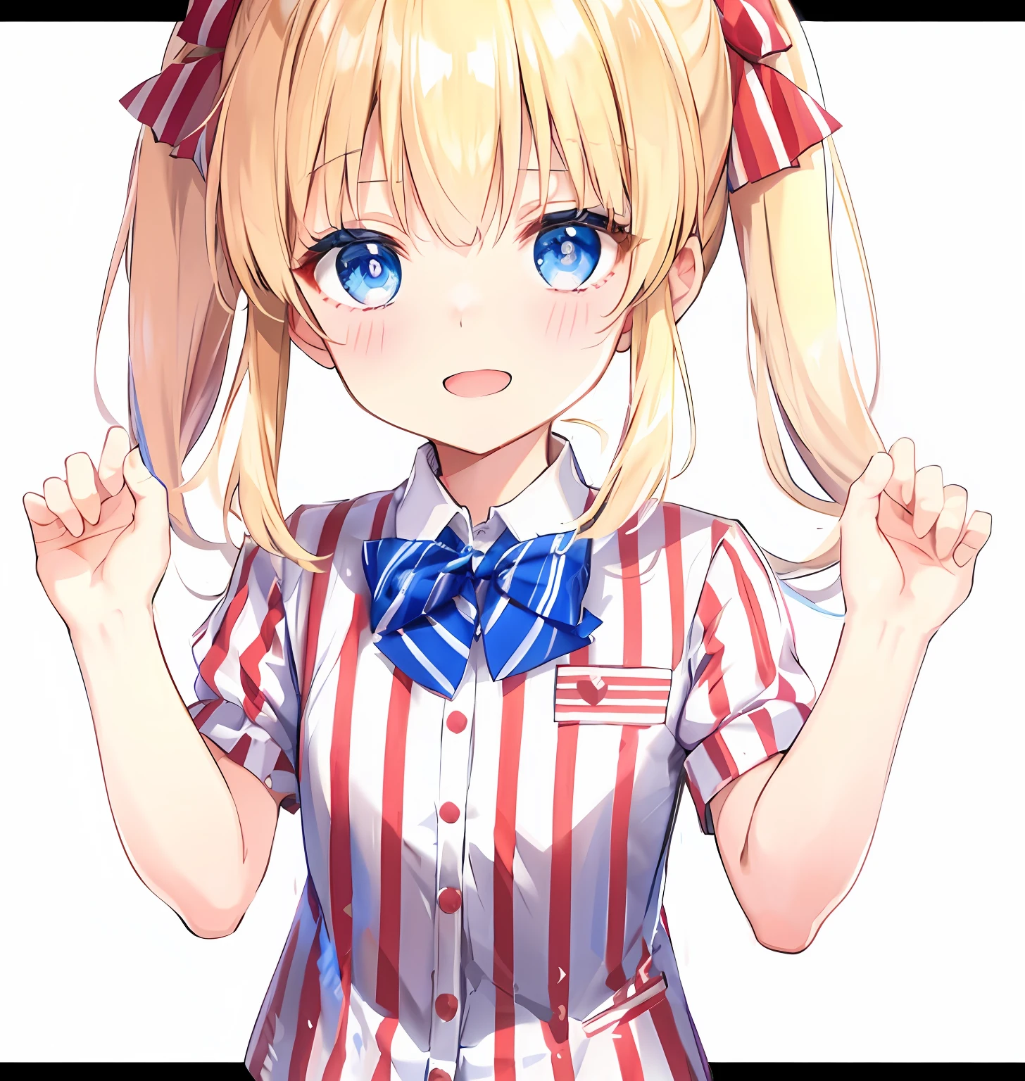 Gold short double ponytail，eBlue eyes，striped clothes，Open your mouth and laugh