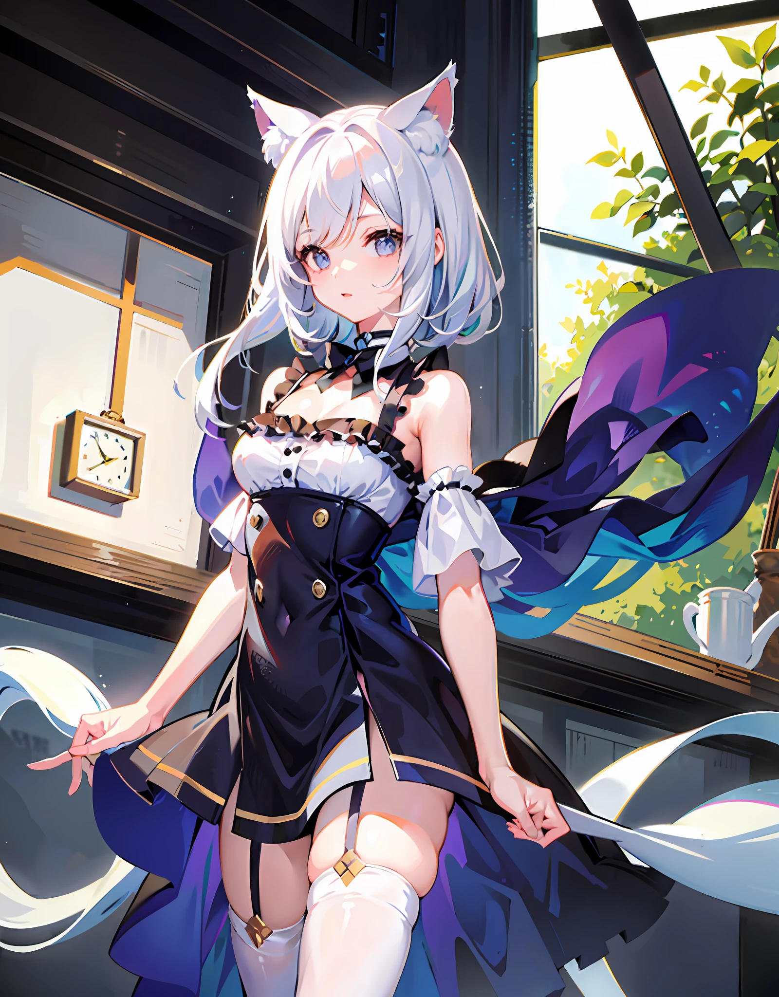 （Best quality)，（Detailed), (1 girl),Kizi，a cat tail，There are cat ears on the top of the head，white thighhighs, short detailed hair，Medium breasts