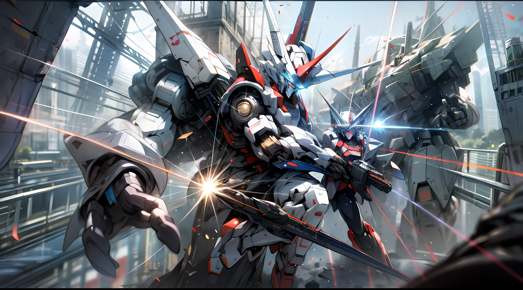 Super real,Boy mech,full bodyesbian,Full body mecha,Dragon head mech,Lifelike,combat state,battleground background,Laser cannon,Laser sword,Blue eyes,A detailed,in mecha style,Gundam Warrior,Japanese anime,battleground background,wallpaper hd,8K,mecha