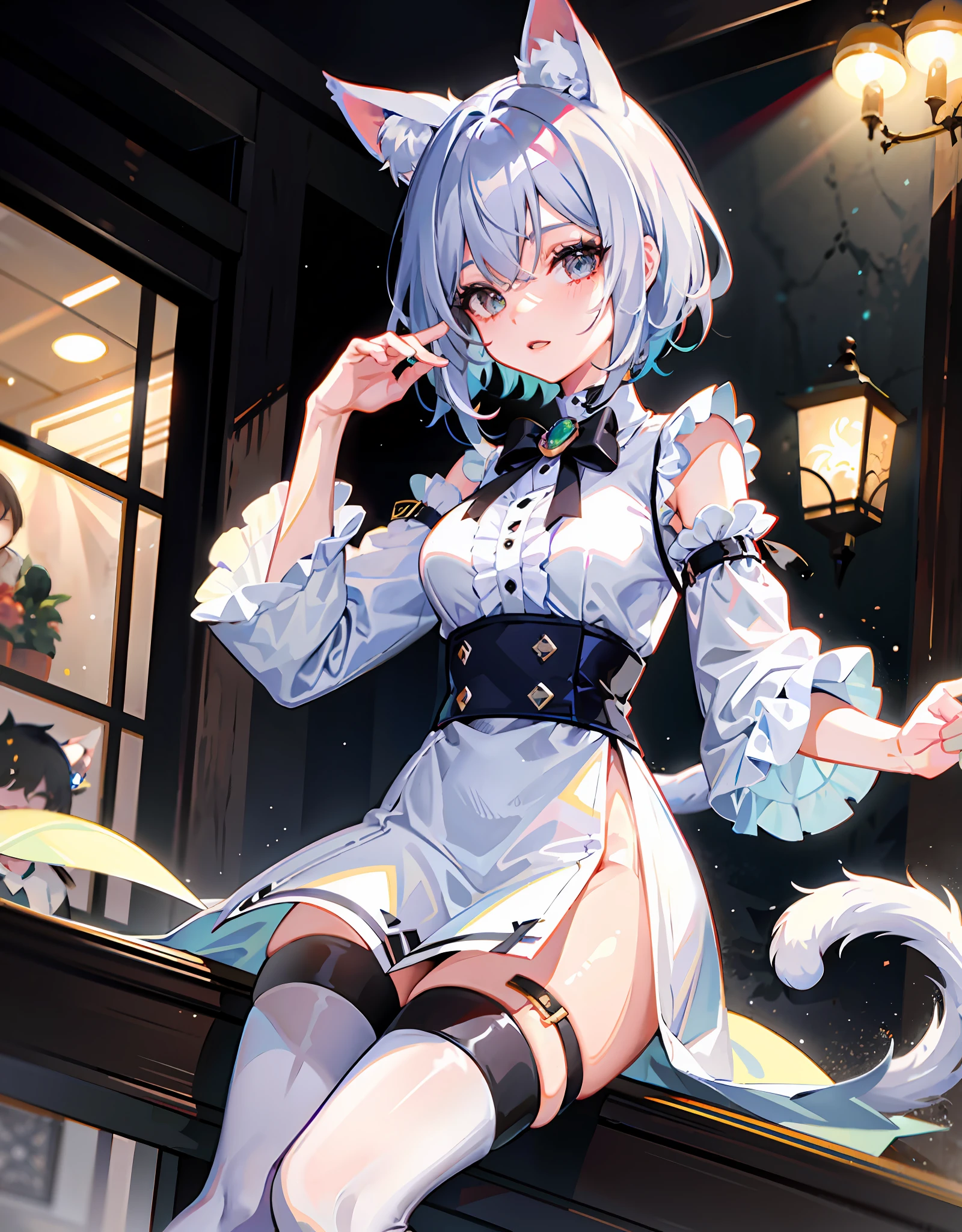 （Best quality)，（Detailed), (1 girl),Kizi，a cat tail，There are cat ears on the top of the head，white thighhighs, short detailed hair，Medium breasts