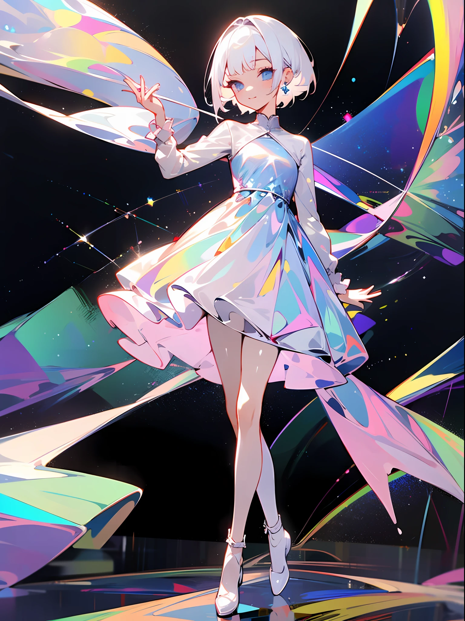 masterpiece, best quality, ultra-detailed, extremely detailed, 4K, 8K, best quality, beautiful, watercolor, full body, night, Starry sky, a pretty woman, solo, one-piece dress, beautiful white hair, beautiful rainbow eyes, beautiful eyes, short hair, slim, slender, earrings, smile, sparkling effect, glitter effect, shiny