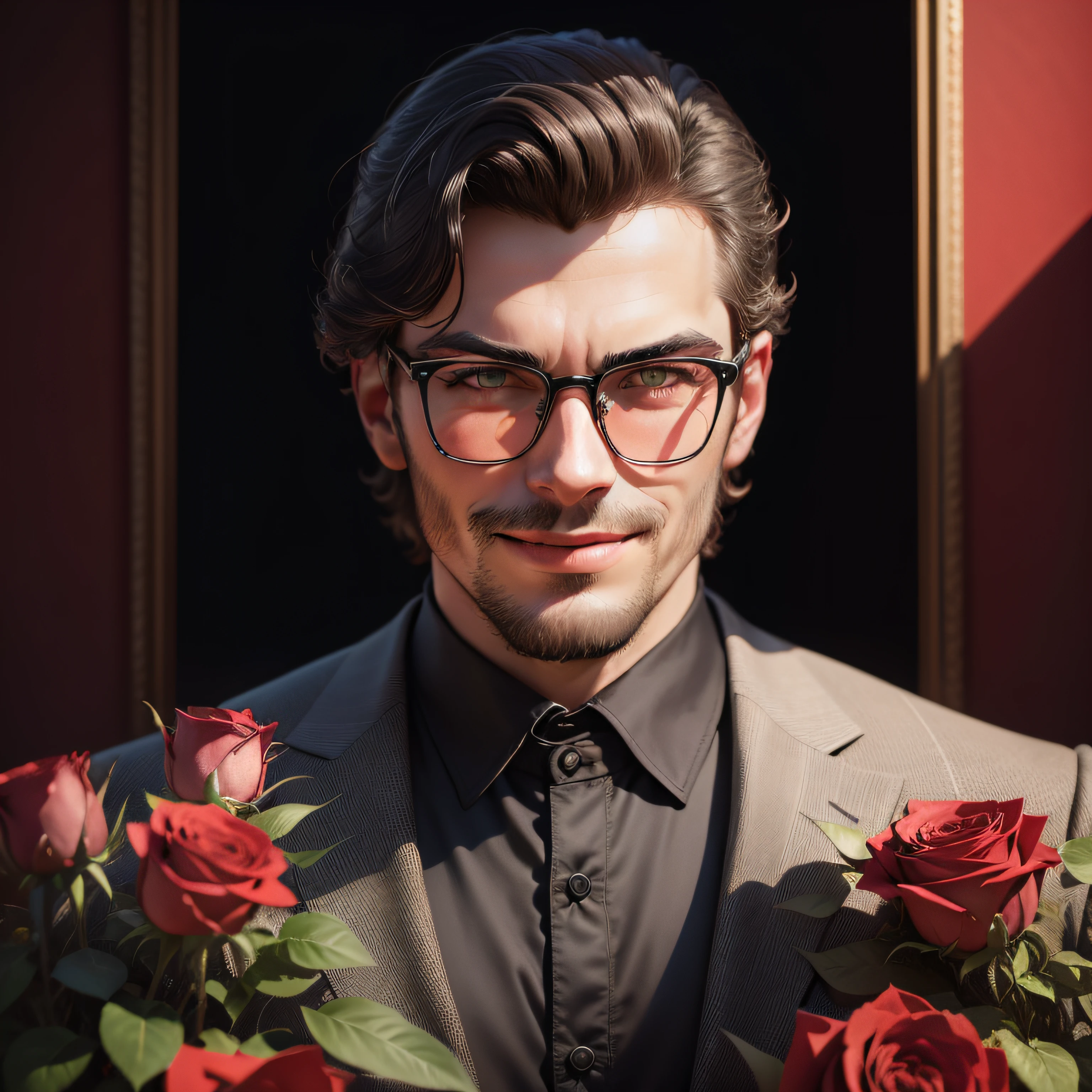 analog style, modelshoot style, (portrait of mxvrs man:1.1), big smiling, (style of Alessio Albi:1.2), holding 5 red roses in his hand, black frame glasses, italy, photography, epic character composition, sharp focus, natural lighting, subsurface scattering, f2, 35mm, film grain,