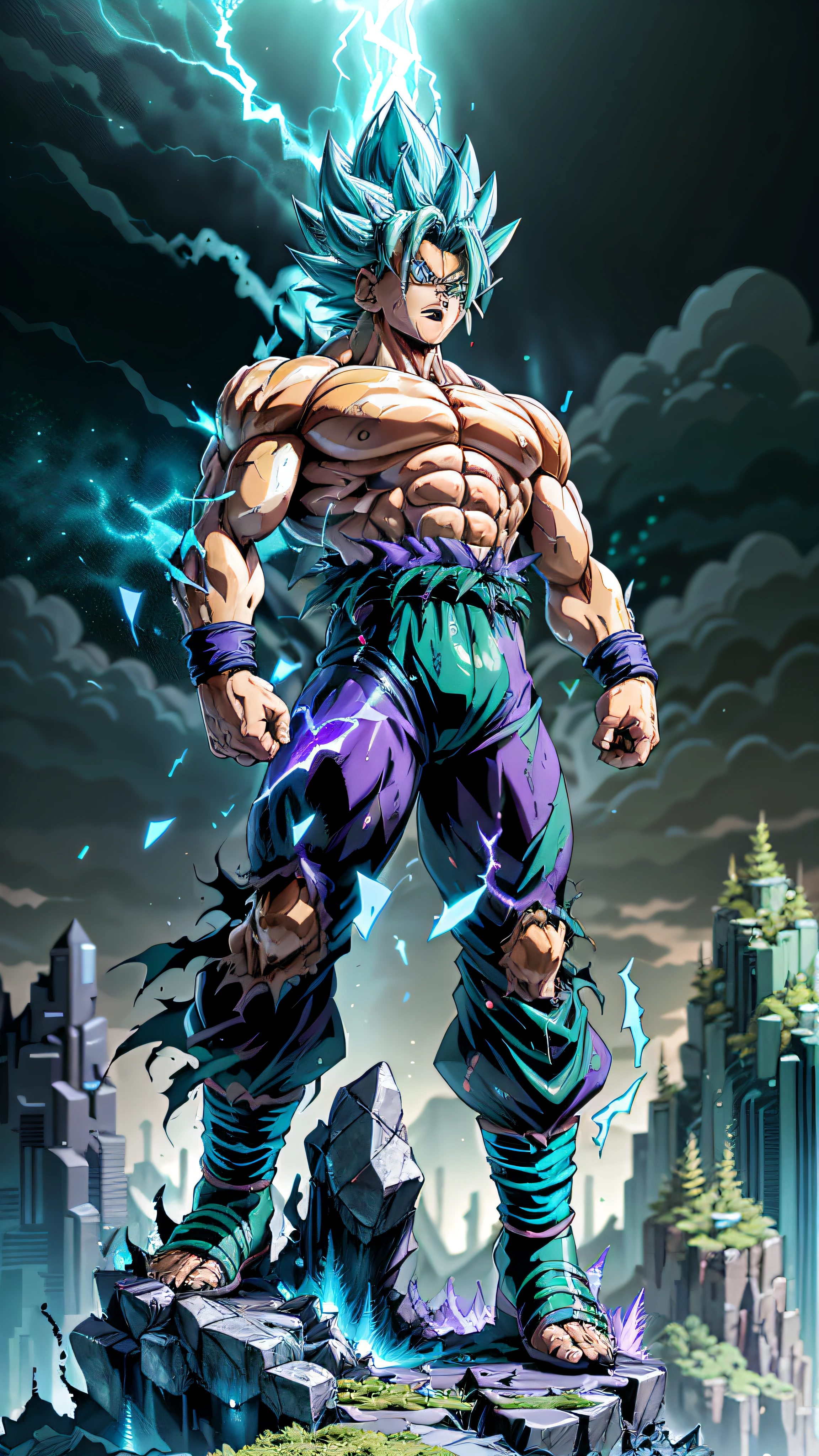 Super Saiyan Broly unleashes a colossal energy wave that shatters the ground and creates a massive shockwave. He stands on a rocky terrain with a stormy sky in the background. The energy wave is a mix of green and blue hues with a swirling pattern. (dark:1.2), (epic:1.3), (chaotic composition:1.2), (metallic:1.1), (gritty texture:1.1), (comic book:1.2), (((3D))), (((realistic))),