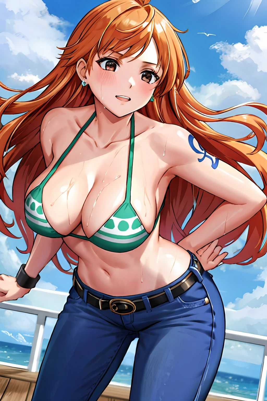 detailed background, masterpiece, 4k, best quality, late youth, adult, wrestler body, 1girl, active, energic, uppercut, (large mouth) , solo, nami \(one piece\), 1girl, bangle, (very wet, drenched in sweat, sweat all over body, very wet hair, tired, taking breath, open mouth, hand on stomach, sweaty face, sweaty body, panting, sweating too much, shiny sweat, sweat stains, leaning forward, tilting, hands on knees, waving good bye), perfect detailed face, bold drawing lines, muscular arms, detailed bold arm lines, flat jaw, adult woman, wavy wide streaked bangs, floating bang streaks, (big cheeks), bare shoulders, off-shoulders, belt, bikini, bikini top only, blue sky, bracelet, springy , breast big round eyes, plain big brown shiny eyes, bubbles, high eye position, cleavage, clo denim, earrings, floating hair, shiny hair, green belt, green bikini, bold groin lines, jeans, jewelry, large breasts, log pose, lo, looking at viewer, navel, wet hair, orange hair, pants, shoulder tattoo, sidelocks, sky, solo, standing, stomach, swimsuit, tattoo , looking at viewer, open mouth, detailed left arm, big forehead, hourglass figure, small head, toned body, wide hair, wind effect, sun effect, under the sun, narrow small ears angle, older, random poses,