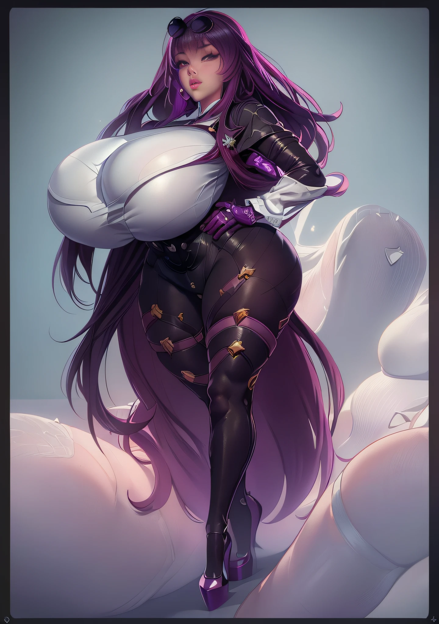 a close up of a cartoon of a woman with a knife, fullbody commission for, commission for high res, thicc, oc commission, sinister pose, full body xianxia, katanas strapped to her back, cel - shaded art style, dark sorceress fullbody pose, commission for, thick black line art, kafka, honkai starrail, purple hair, expressionless, makeup, empty eyes, black hair, 8k, super detail, 4K, HD, highres, best quality, award winning, high quality, high details, super detail, textured skin, anatomically correct, ccurate, masterpiece, retina, UHD, hyper detail, hyper detailed face, thicc, biomechanical oppai, oppai, thicc, oppai proportions, nsfw, platform heels, bimbo, (massive lips: 1.3) and (silicon lips:1.3), thick lips, 8k, super detail, 4K, HD, highres, best quality, award winning, high quality, high details, super detail, textured skin, anatomically correct, ccurate, masterpiece, retina, UHD, hyper detail, hyper detailed face, thicc, biomechanical oppai, oppai, thicc, oppai proportions, nsfw, platform heels, bimbo, (massive lips: 1.3) and (silicon lips:1.3), thick lips, dollsuit, highly detailed face, ((best quality)), ((masterpiece)), (detailed),nsfw, photorealistic, ultra high res, intricate, hyperdetailed, (skindentation), detailed body , (detailed face:1.1), (outlined iris),  (hidrocor lenses), (perfect eyes), 4k, beautiful,  :1.3, (massive lips: 1.3) (parted lips:1.3) and (silicon lips:1.3), (thick lips:1.3), [symmetrical:0.8], detailed body , (detailed face:1.1), (outlined iris),  (hidrocor lenses), (perfect eyes), 4k, beautiful, (masterpiece:1.2), (best quality:1.2), :1.3, gigantic breasts, leotard, rabbit ears, platform heels