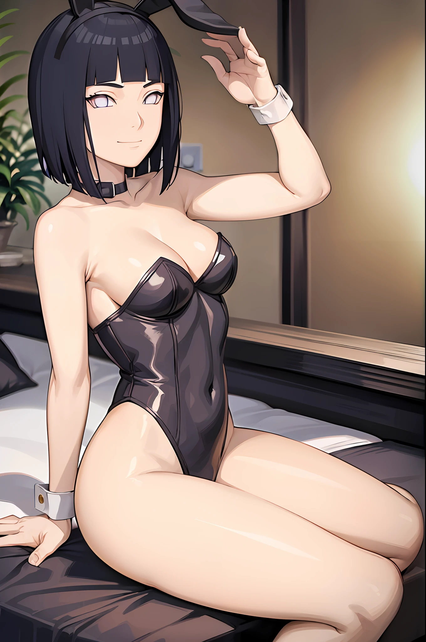 masterpiece, absurdres, hinata\(boruto\), 1girl, solo, mature female, short hair, medium breasts, leotard, playboy bunny, fake animal ears, sitting, bed, loking at viewer, smile, good anatomy, good artist