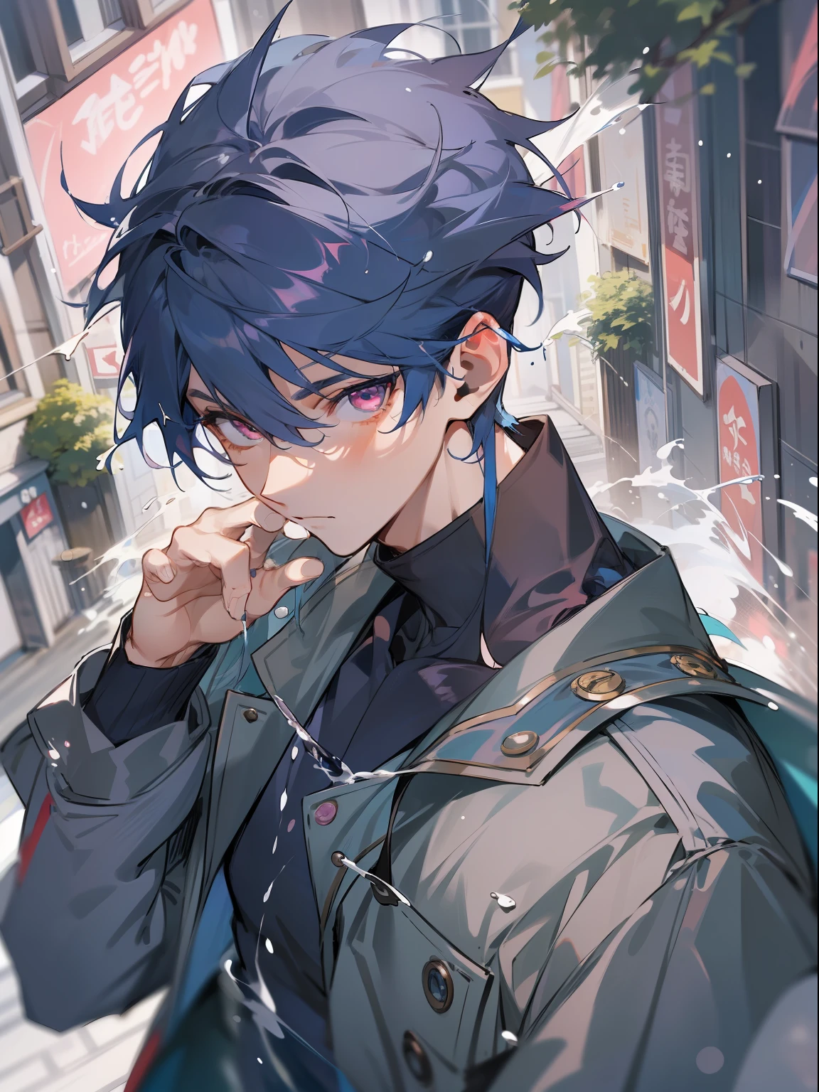 Ultra Detail,Haig Quality,sketch,1boy,matured male,Beautiful face,(navy blue hair,splash outside hair:1.3),Handsome men,Pearl skin,black T shirt,city street,moss green mods coat,Dynamic Angle,Japan Anime,pink eyes,