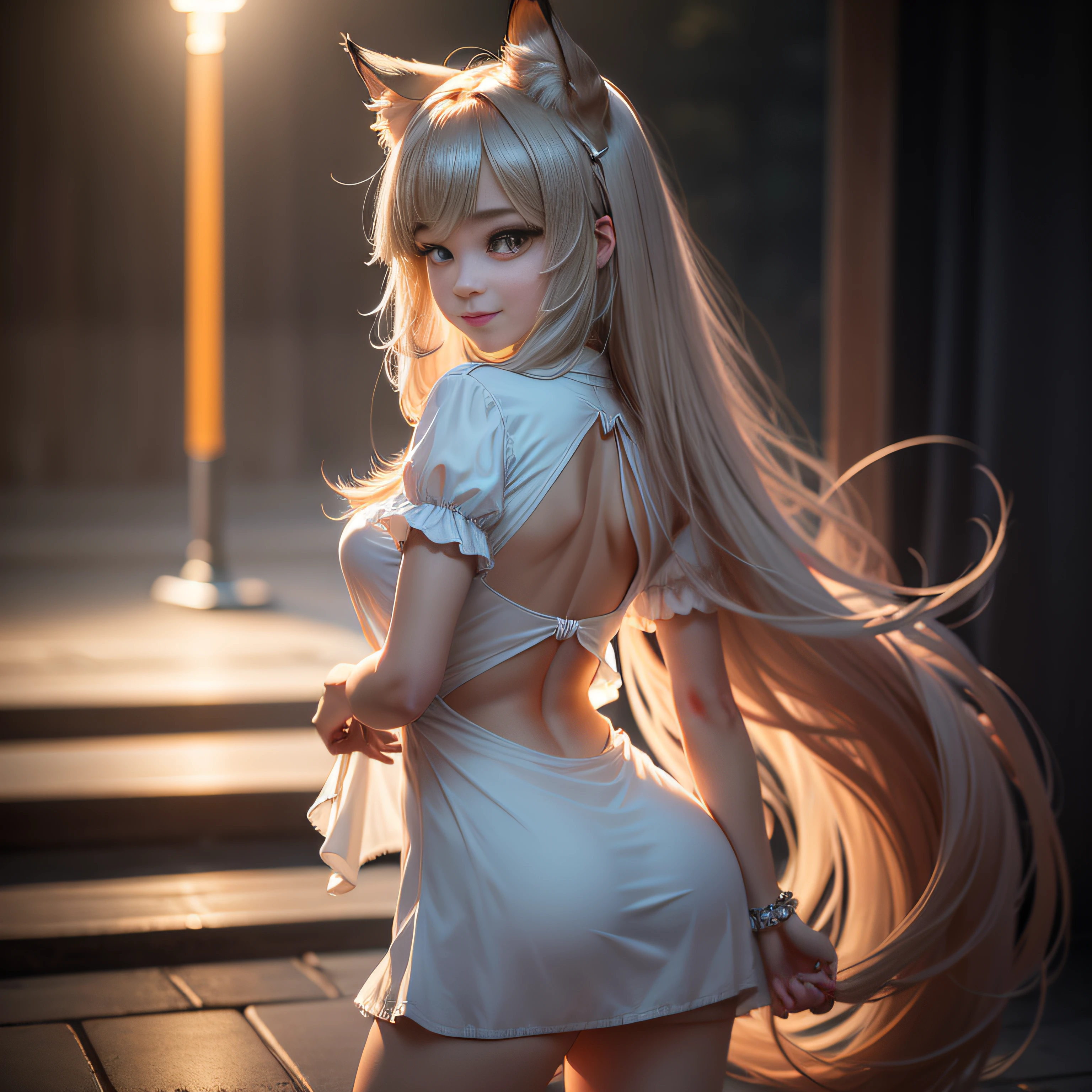 Cat-eared foxtail beauty wagging her tail,back to look back,Moe,Hair and its fluffiness,The eyes are big,having fun,Facing the camera squarely,best qualityer, tmasterpiece, A high resolution, Be red in the face, (seduct smile:0.8), star-shaped bule pupils, Tyndall effect, realisticlying, edge lit, twotonelighting, (highdetailskin:1.2), 8K UHD, digital SLR camera, gentle illumination, high high quality, Volumetriclighting, Frankness, photore, A high resolution
