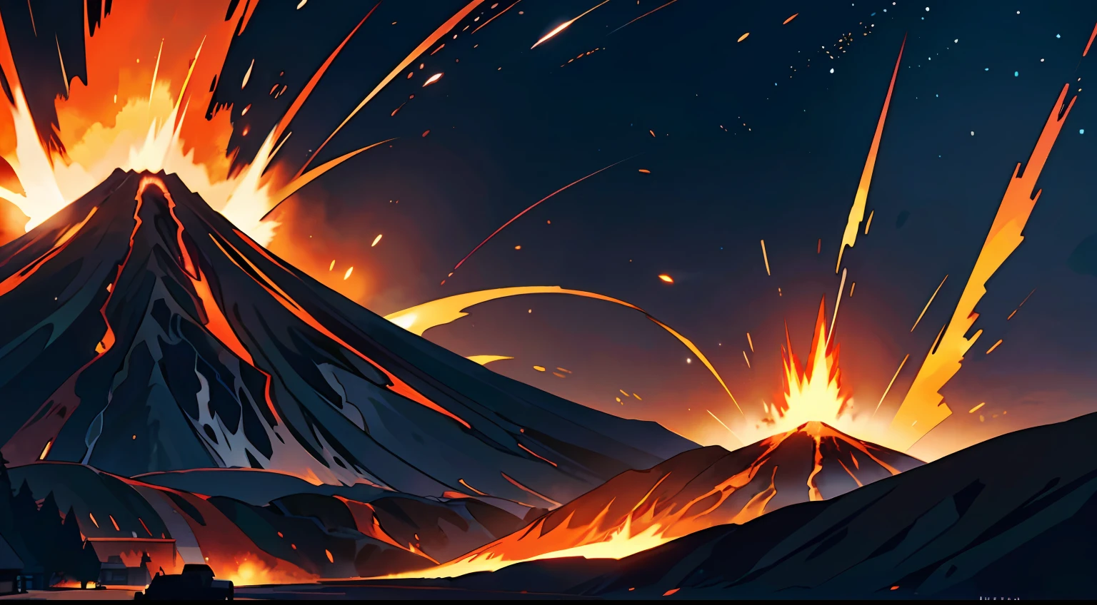 (best-quality:0.8), perfect anime illustration, volcanic landscape, figure looking down upon magma-covered town in valley, steamy breath, extremely detailed