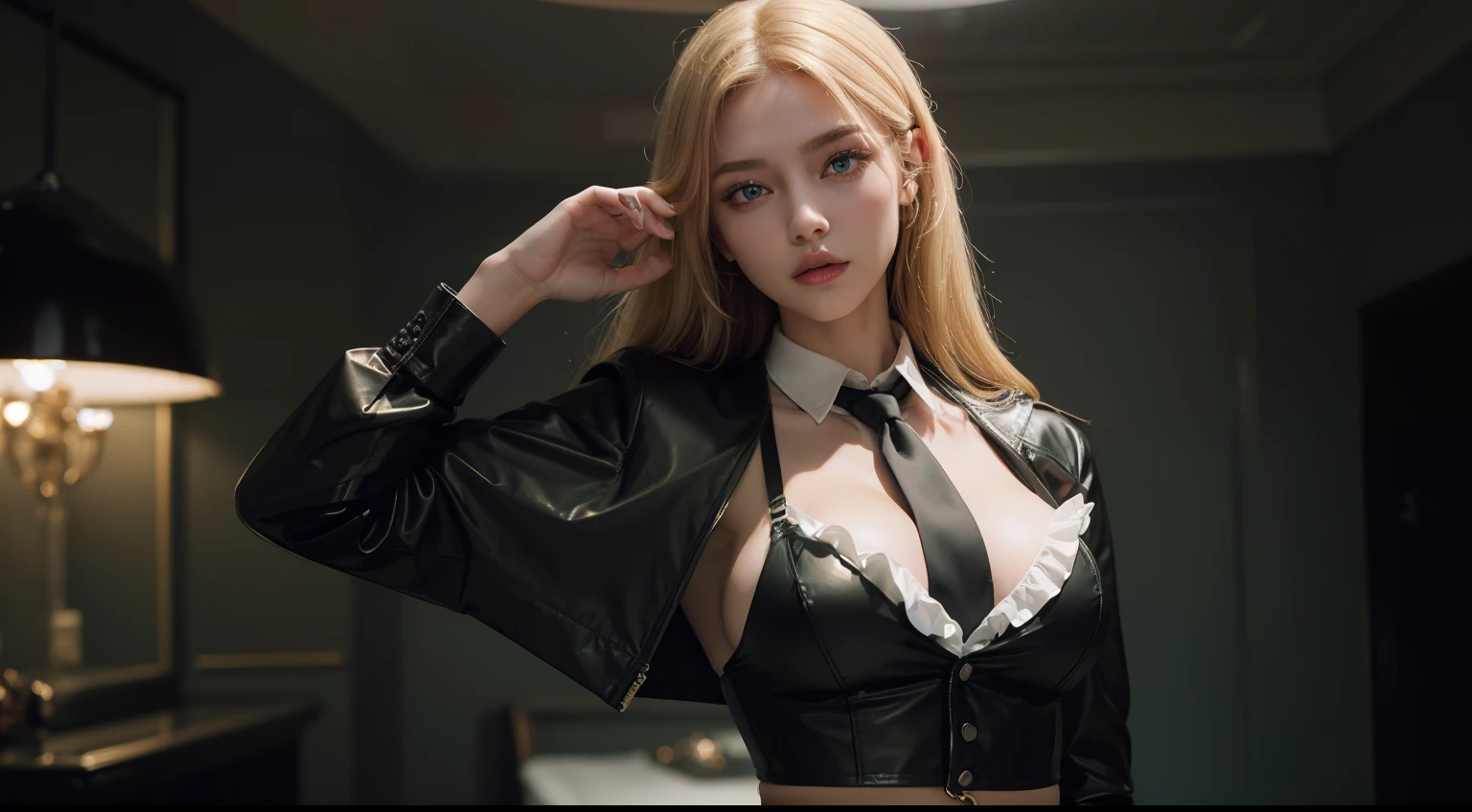 (masterpiece, highres, best quality:1.2), 8K, highly detailed, intricate, colorful, vibrant image, sharp focus, cinematic)  blonde hair, long hair, green eyes, body builder (Wearing black business outfit, black_collared shirt cropped jacket ,tie,necktie,black frilled skirt, garter straps, leather waist belt) (big perfect round breasts,hourglass body, thin waist,very thin waist, Photo realistic,(hyperrealistic:1)beautiful, masterpiece, best quality, extremely detailed face,perfect face,beautiful face, perfect lighting,detailed eye makeup, detail face, nice detailed eyes,nice hands, perfect hands,glowing eyes (realistic pupils,realistic iris:1) heavy eye makeup,(empty Casino)(Posing dynamically)