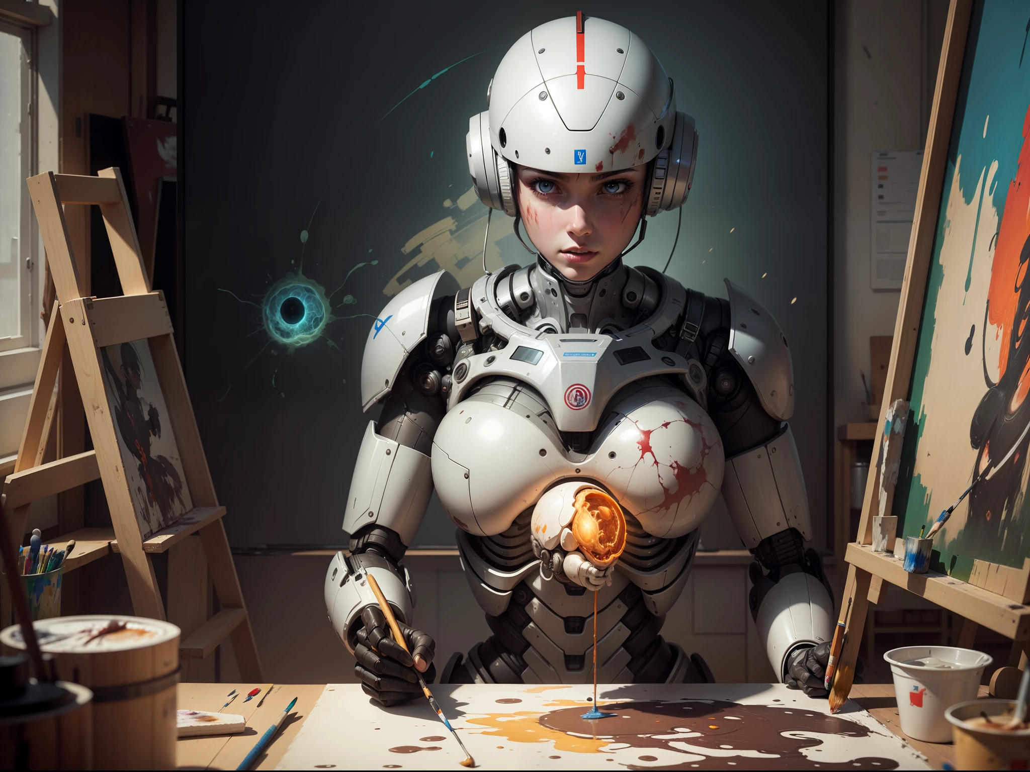 photorealistic illustration of a robot making a beautiful painting of a human brain on a canvas in a modern artist studio, robot arm holding a paint brush, artstation, deviantart, cgsociety