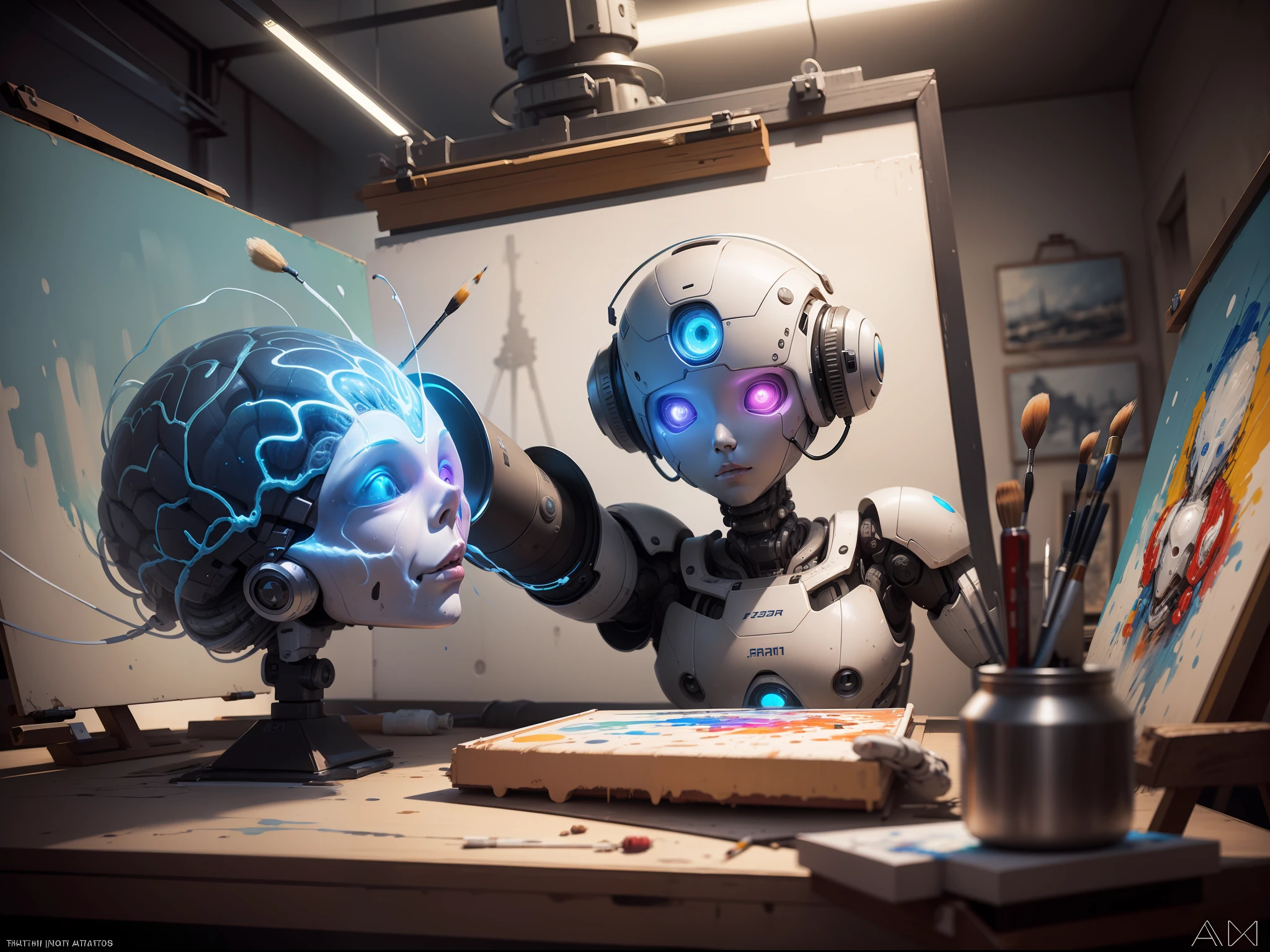 photorealistic illustration of a robot making a beautiful painting of a human brain on a canvas in a modern artist studio, robot arm holding a paint brush, artstation, deviantart, cgsociety