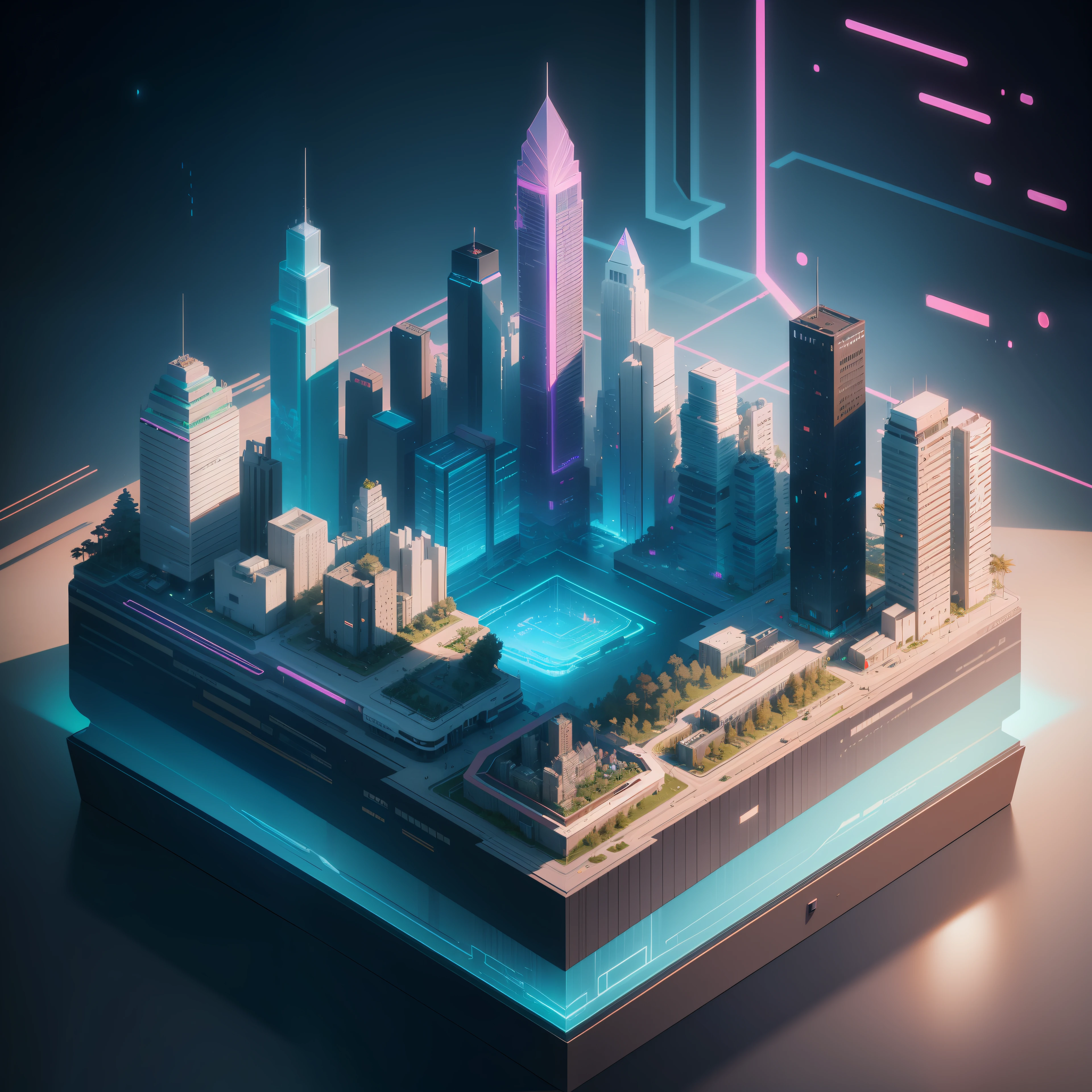 dskise, (isometric) , (flower), (vaporwave), isometric cutaway of a crystalized dilapidated city, cityscape, volumetric lighting ,FXAA, Chromatic Aberration, Concept Art, 8k Concept Art, Greg Rutowski, (unreal engine), octane render, dskise