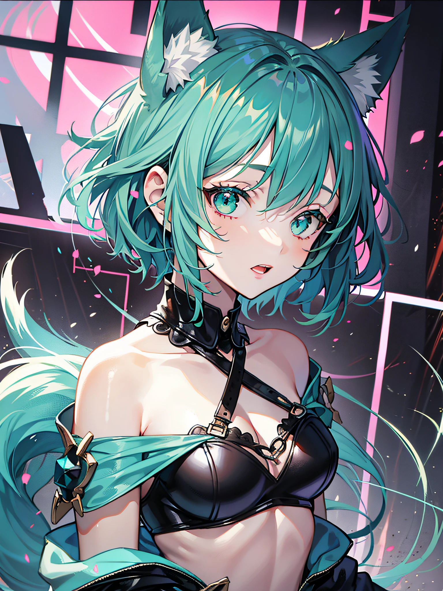 Fox Maiden,fox demon,short detailed hair,blue green hair,fox ear,teens girl,adolable,quadratic element